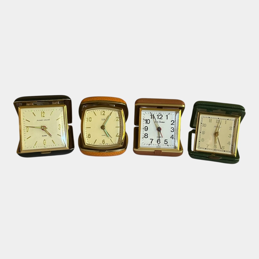Phinney Walker, Elgin, & Seth Thomas Mid Century Foldable Traveling Alarm Clocks Radium Dials (1 of 9)