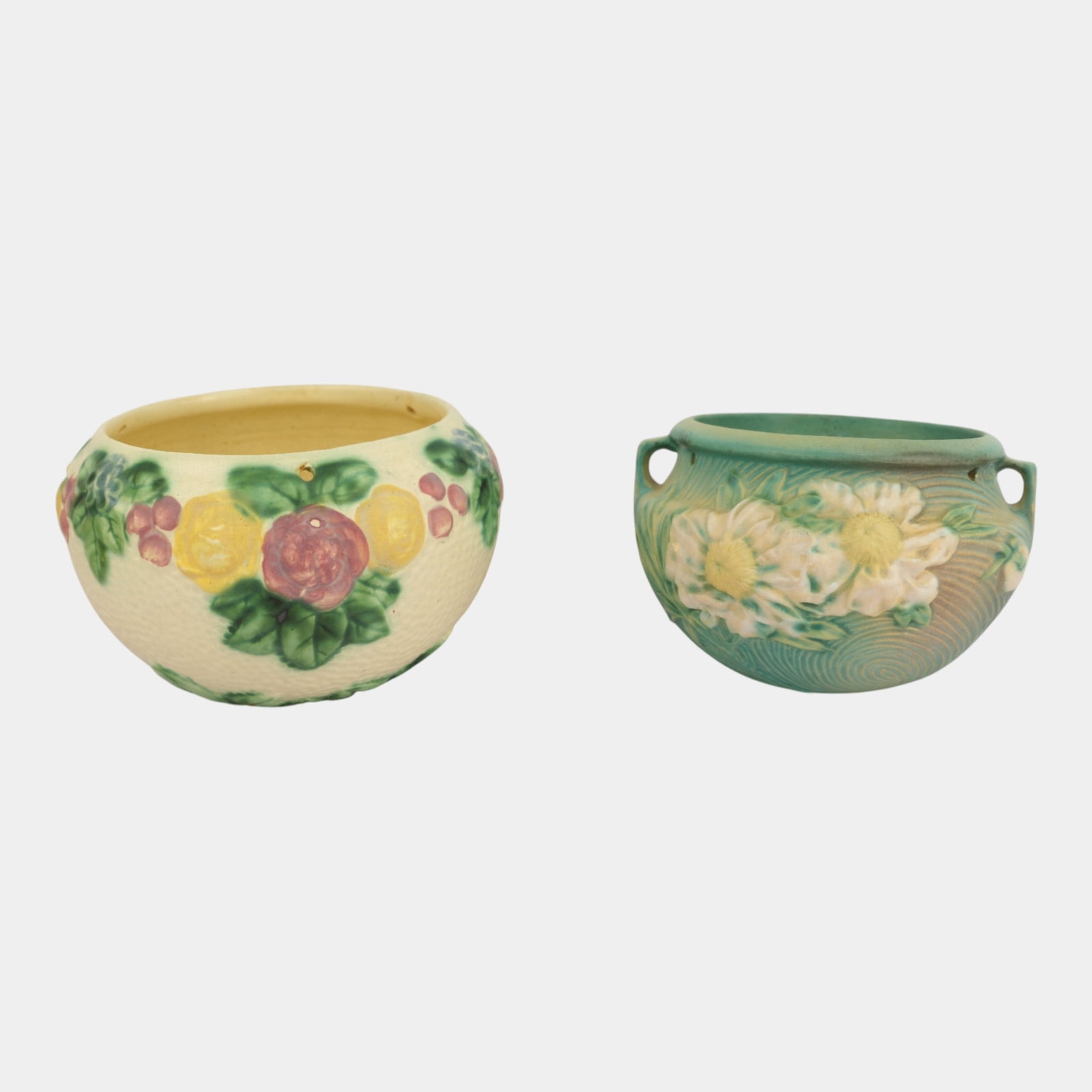 Roseville Rozane 1917 And Green Peony Art Pottery Hanging Baskets Planters (1 of 5)