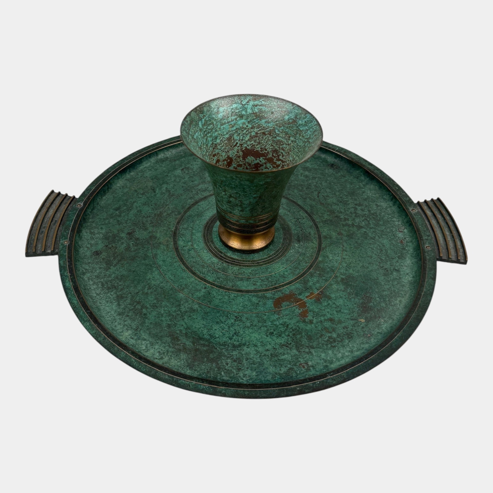Carl Sorensen 1920s Art Deco Green Patinated Brone Serving Tray And Flared Rim Vase: Professional, fast, and affordable in house shipping available for all items. For higher resolution images please visit bid.craftedauctions.com Carl Sorensen 1920s Art Deco Green Patinated Brone Servi