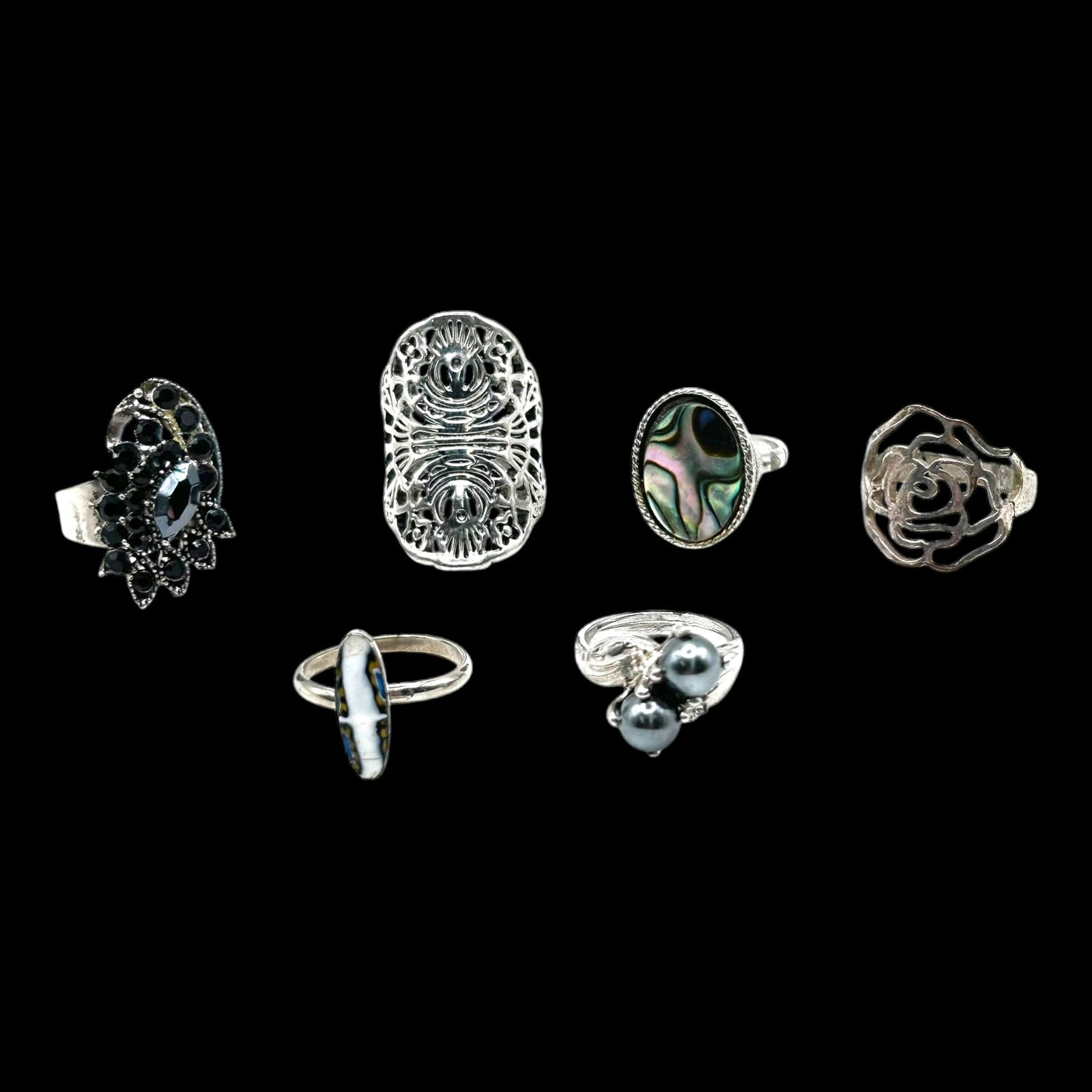 Silver Tone Ring Collection Abalone Black Glass Filigree Pearl & Modernist Fashion Jewelry: Professional, fast, and affordable in house shipping available for all items. For higher resolution images please visit bid.craftedauctions.com Assorted silver tone rings featuring abalone shell, blac