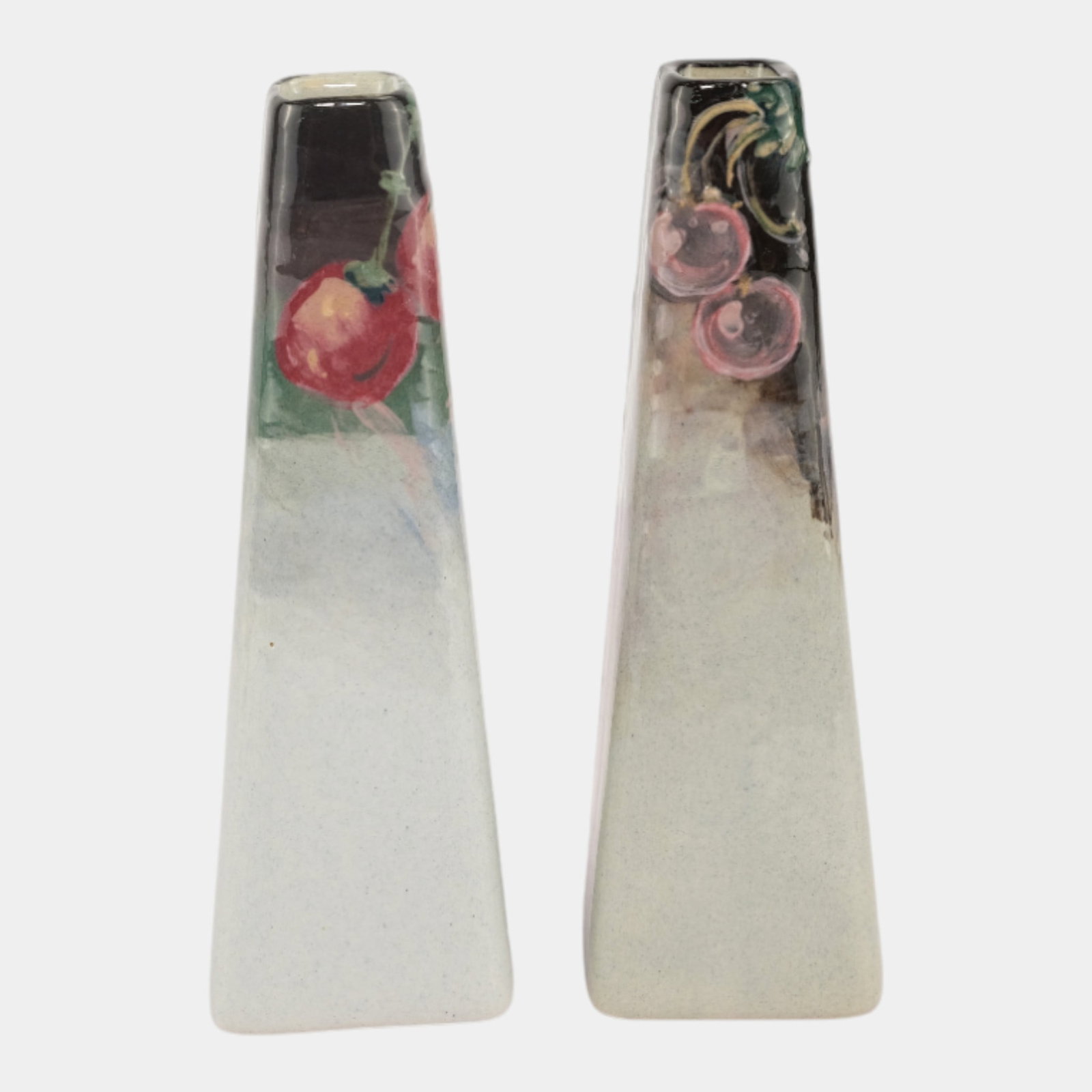 Weller Eocean Art Pottery Hand Painted Cherry Motif Art Nouveau Bud Vases: Professional, fast, and affordable in house shipping available for all items. For higher resolution images please visit bid.craftedauctions.com Weller Eocean Art Pottery Hand Painted Cherry Motif Art 
