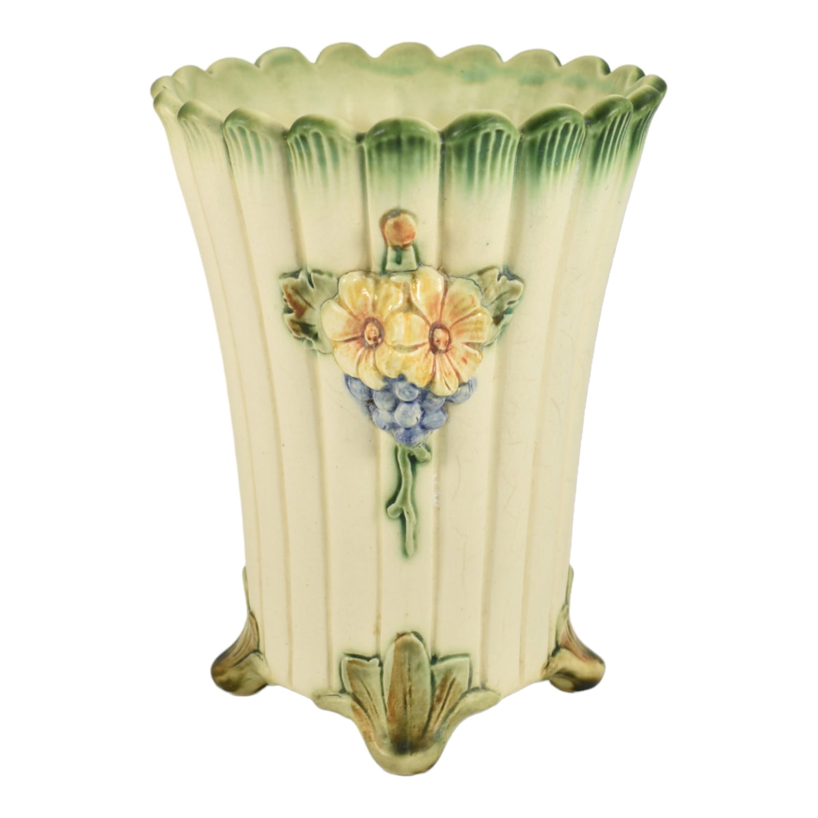 Weller Florenzo 1920s Vintage Art Pottery Ivory Footed Floral Ceramic Vase: Professional, fast, and affordable in house shipping available for all items. For higher resolution images please visit bid.craftedauctions.com Weller Florenzo 1920s Vintage Art Pottery Ivory Footed F