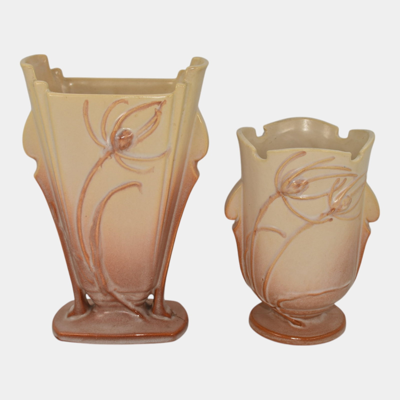 Roseville Pottery Teasel Vases: Professional, fast, and affordable in house shipping available for all items. For higher resolution images please visit bid.craftedauctions.com Roseville Pottery Teasel Vases Nice mold and color on bo