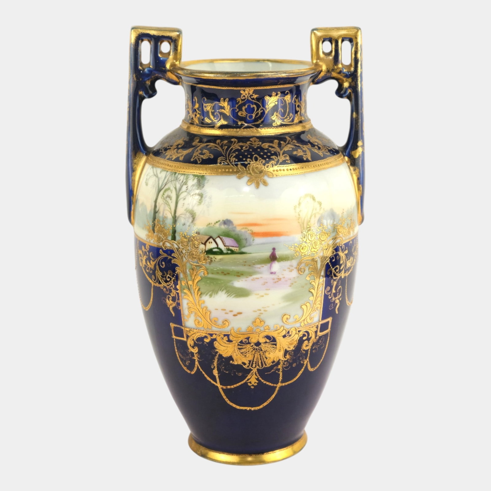 Noritake Japan Cobalt Blue Hand Painted Scenic Handled Vase: Professional, fast, and affordable in house shipping available for all items. For higher resolution images please visit bid.craftedauctions.com Noritake Japan Cobalt Blue Hand Painted Scenic Handled V