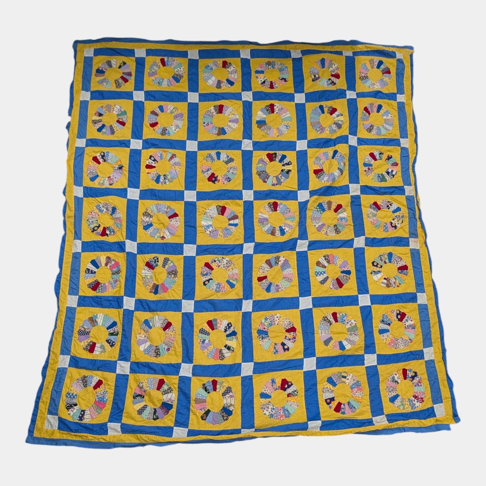 Vintage Hand Stitched Dresden Plate Blue Yellow Patchwork Textile Quilt (1 of 5)