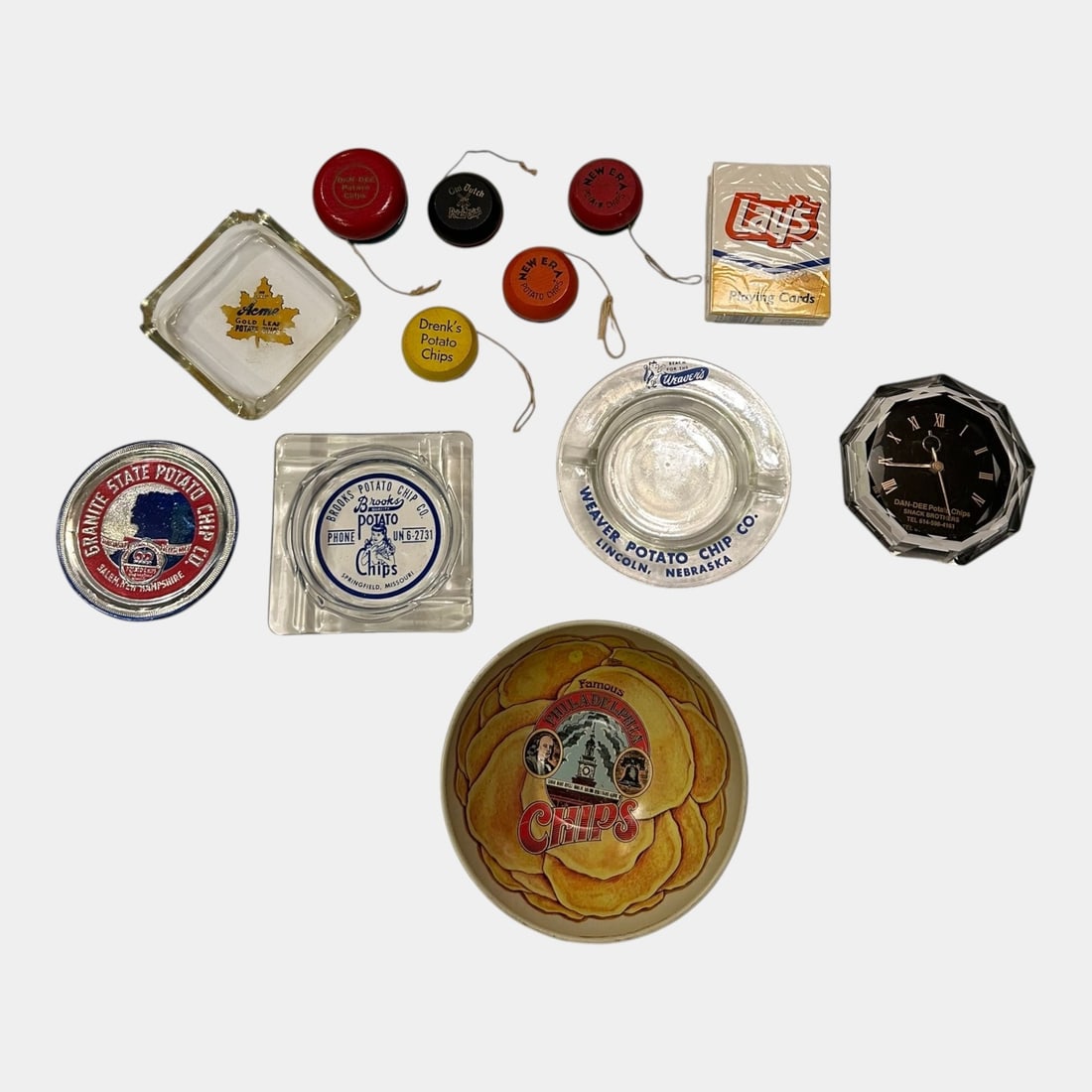 Old Dutch, Lays, Weavers, & Other Potato Chip Advertising Ash Trays, Yo-Yos, Bowls, Playing Cards (1 of 3)