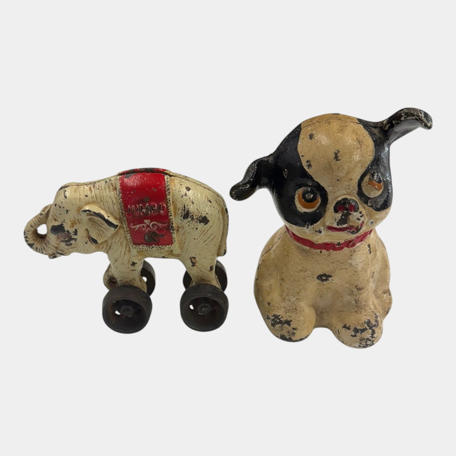 Hubley 1920s Black White Dog Cast Iron Still Bank & Cast Iron Jumbo Elephant On Wheels (1 of 5)