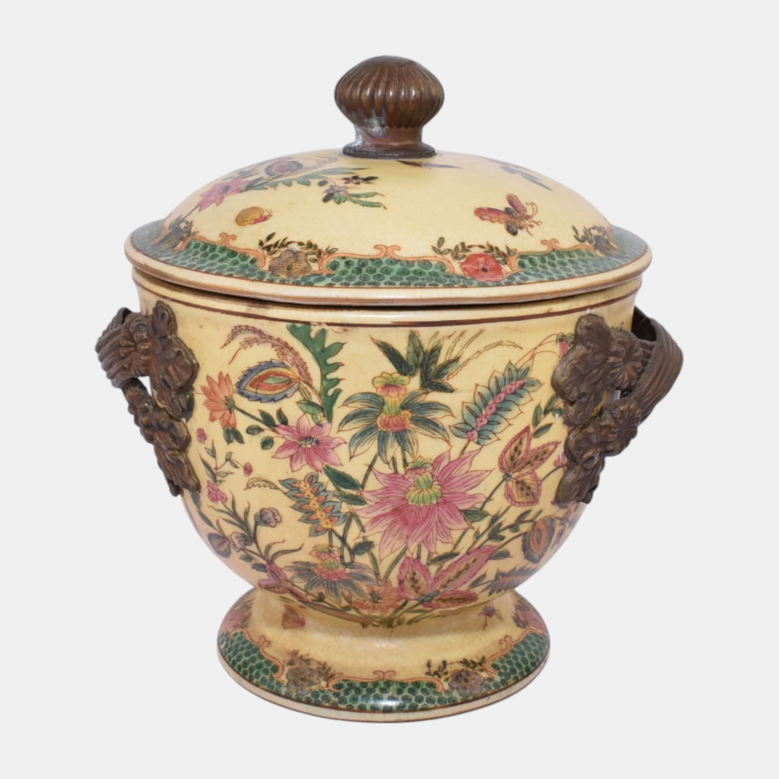 Chinese Mid Century Art Pottery Floral Decorative Applied Handle Lidded Jar: Professional, fast, and affordable in house shipping available for all items. For higher resolution images please visit bid.craftedauctions.com Chinese Mid Century Art Pottery Floral Decorative Applie