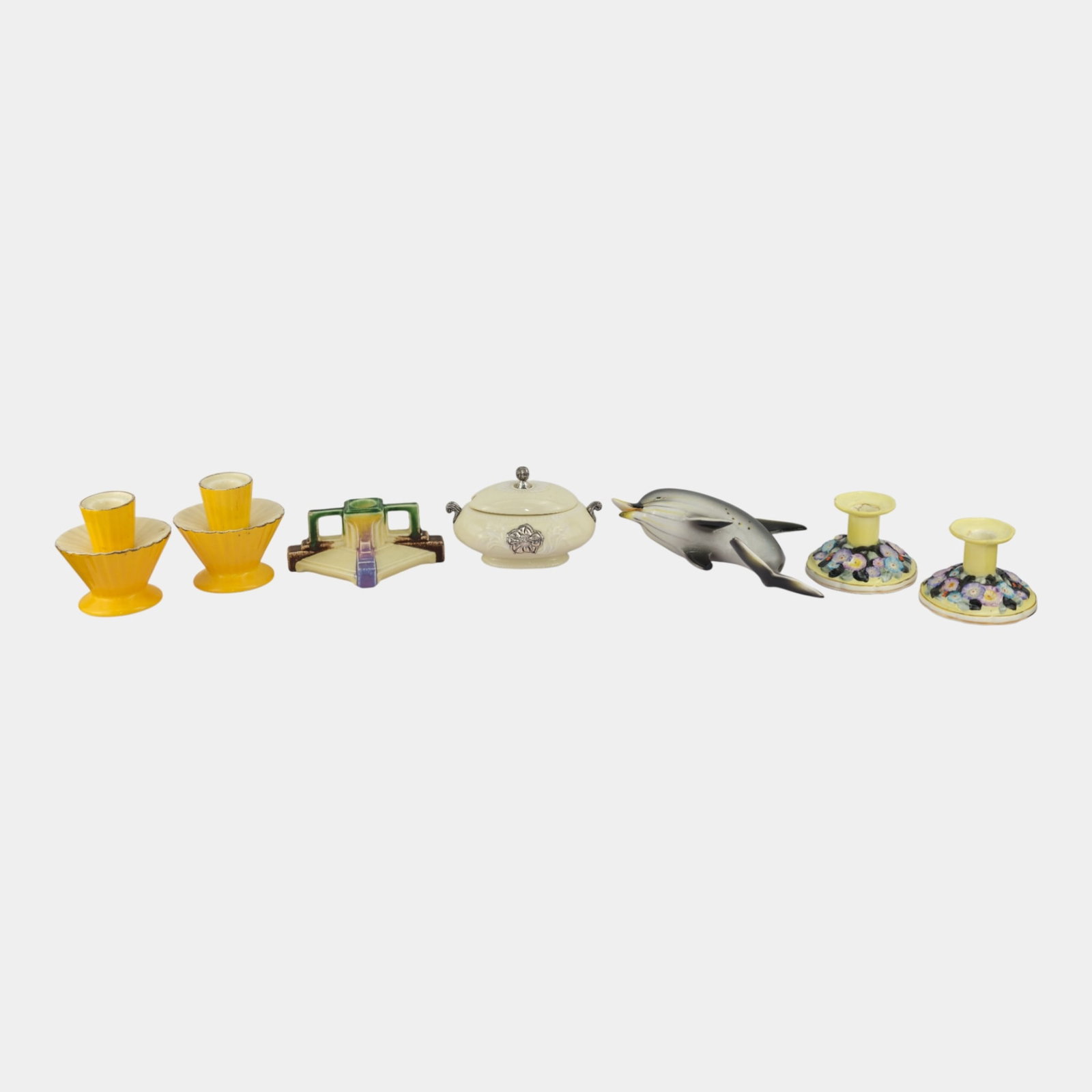 Japanese And English Porcelain & Pottery Dolphin Wall Pocket Various Candleholders: Professional, fast, and affordable in house shipping available for all items. For higher resolution images please visit bid.craftedauctions.com Japanese And English Porcelain & Pottery Dolphin Wall Po