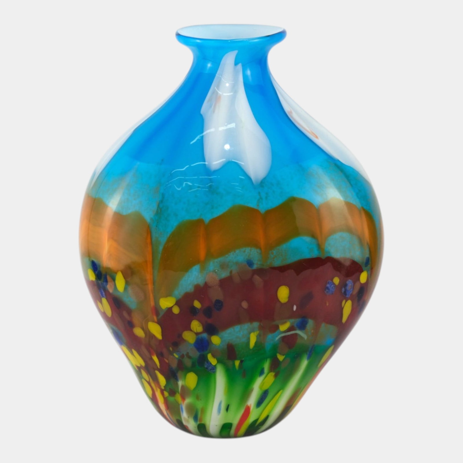 20th Century Vivid Blue Orange Red Abstract Design Large Art Glass Bottle Vase: Professional, fast, and affordable in house shipping available for all items. For higher resolution images please visit bid.craftedauctions.com 20th Century Vivid Blue Orange Red Abstract Design Large