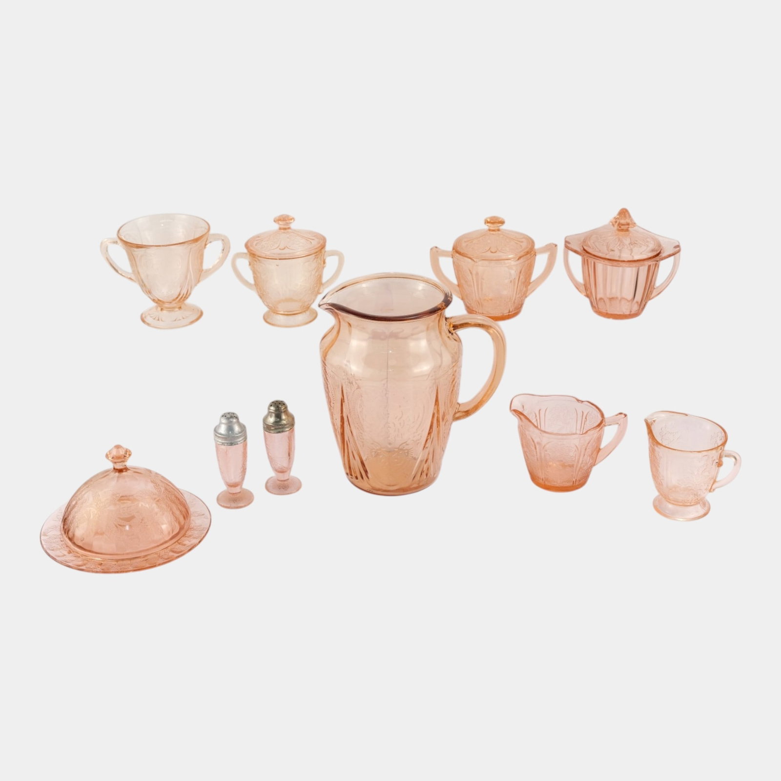Hazel Atlas Glass Co. 1934 Pink Royal Lace Depression Glass Creamers Sugar Shakers Pitcher And (1 of 4)