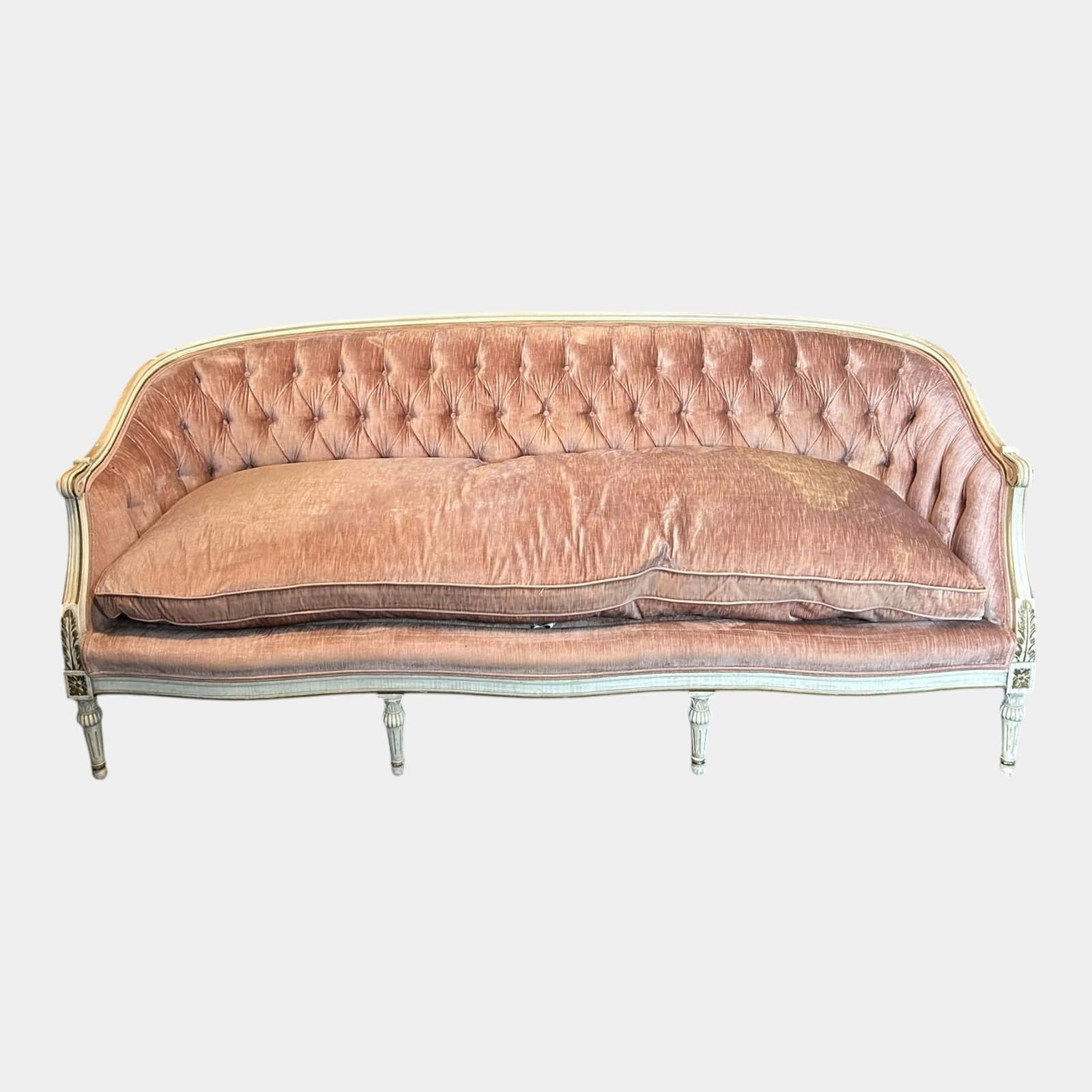 Mid Century Louis XVI Style Tufted Upholstered Down & Duck Feather Sofa Gilt Carved Frame Settee (1 of 6)
