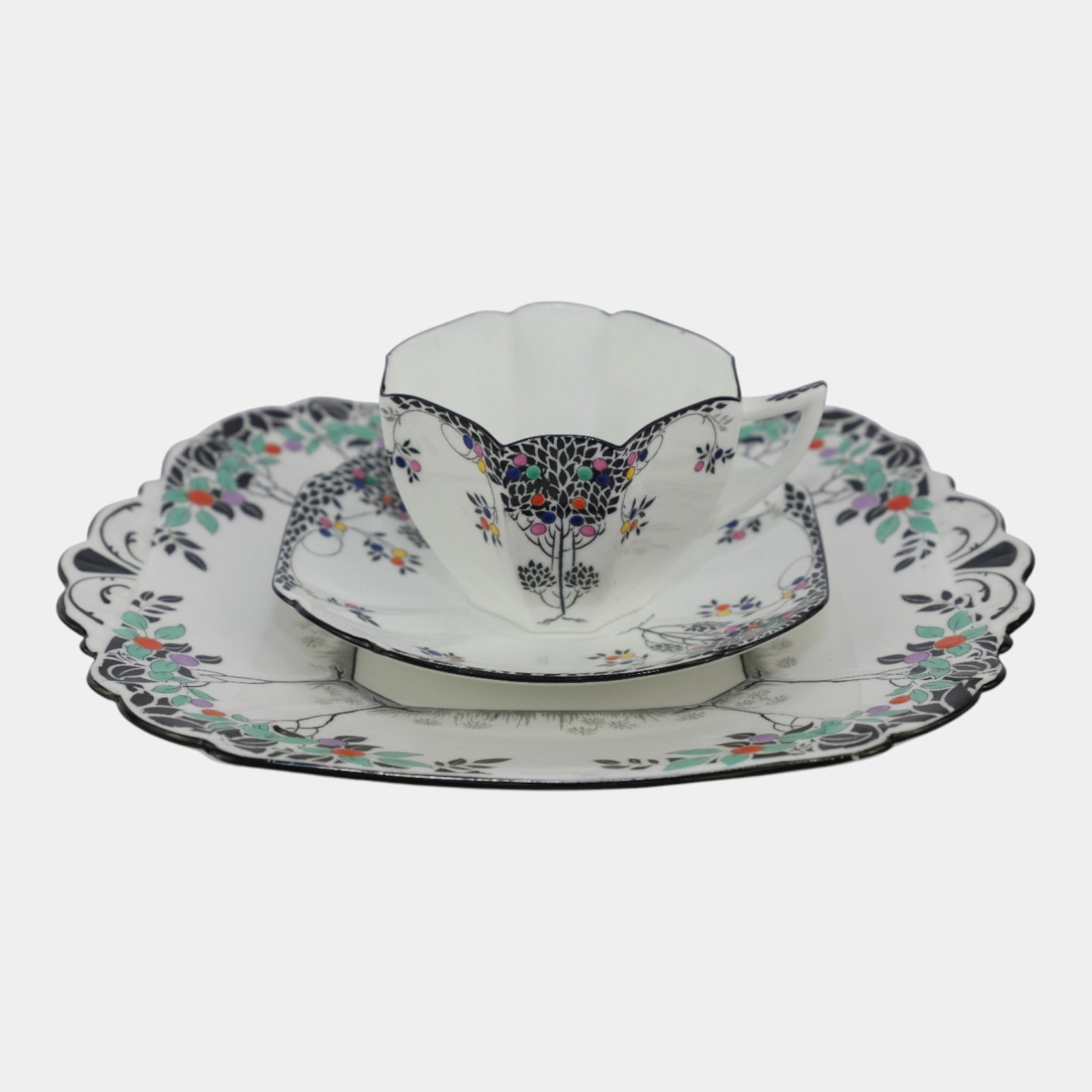 Shelley 1930s English Art Deco Porcelain Black Leafy Tree Cup Saucer Plate Trio: Professional, fast, and affordable in house shipping available for all items. For higher resolution images please visit bid.craftedauctions.com Shelley 1930s English Art Deco Porcelain Black Leafy Tre