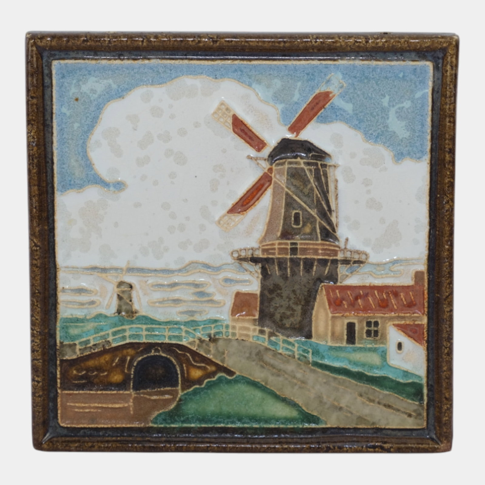 Delft De Porceleyne Fles Holland Waterside Windmill Framed Scenic Landscape Tile: Professional, fast, and affordable in house shipping available for all items. For higher resolution images please visit bid.craftedauctions.com Delft De Porceleyne Fles Holland Waterside Windmill Fram