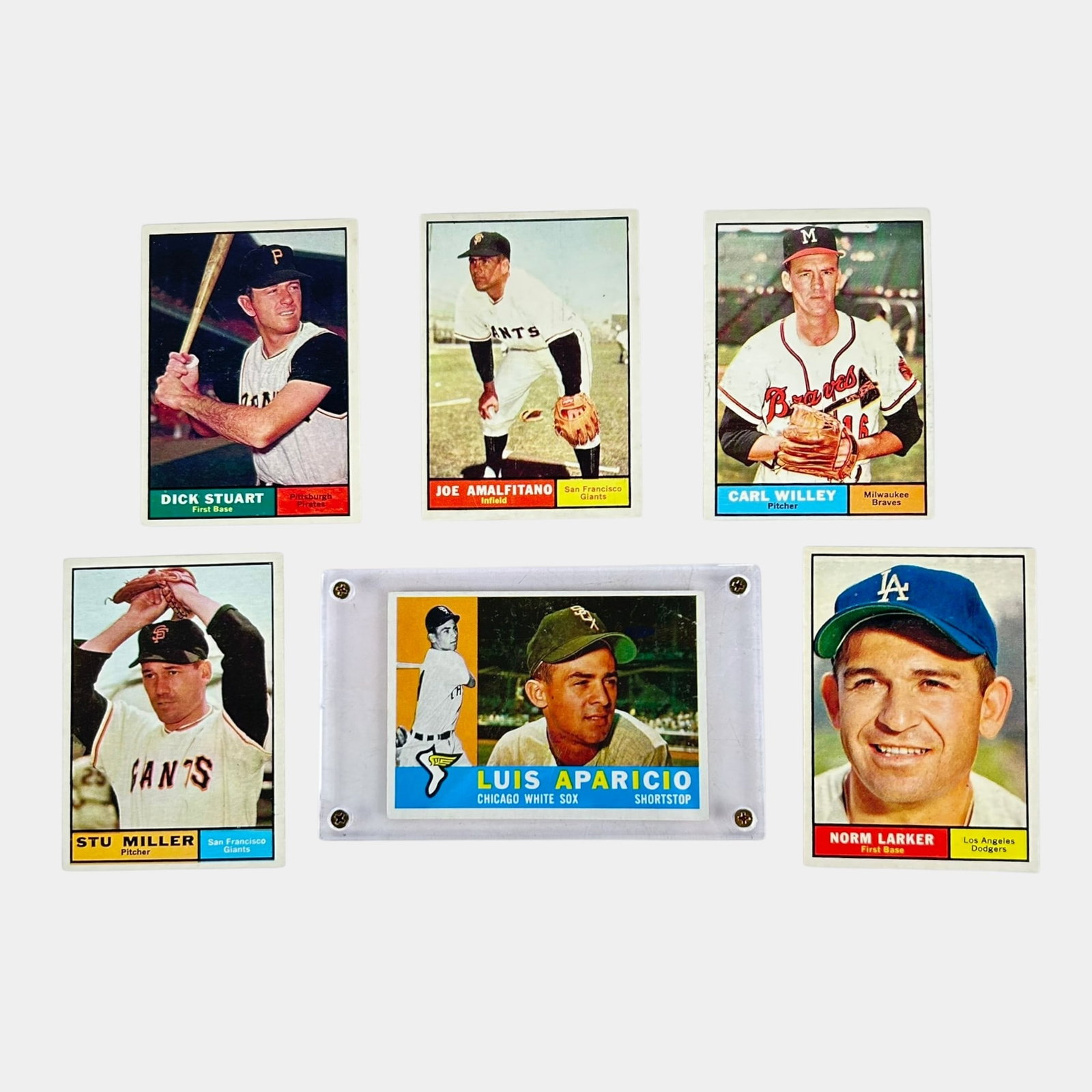 1961 Topps Dick Stuart, Joe Amalfitano, Carl Willey, Norm Larker, Stu Miller, Luis Aparicio High (1 of 2)