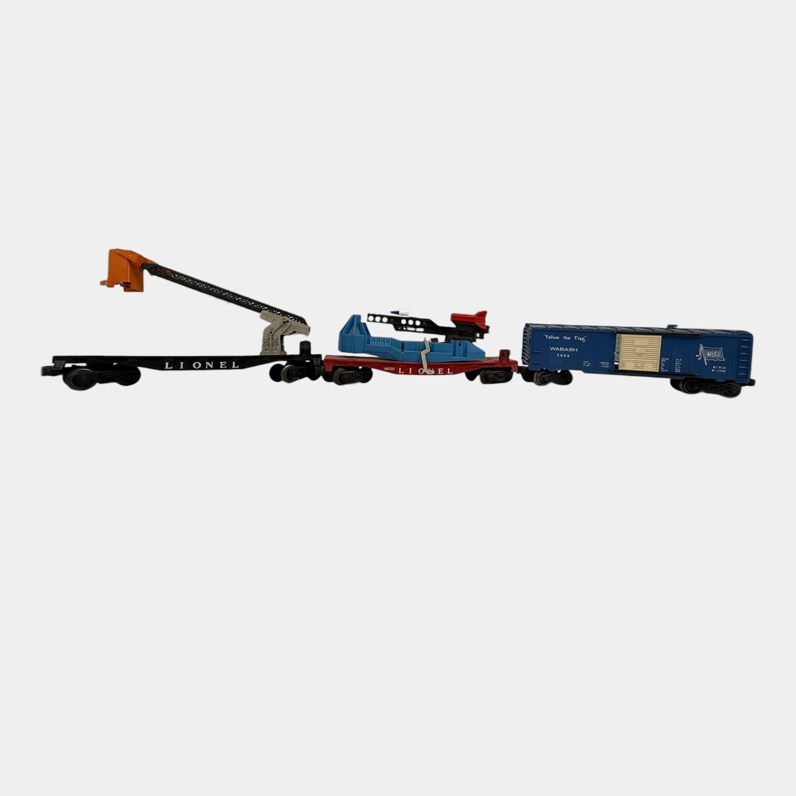 Lionel Trains Post War Red Black Blue 6511 Crane Flatbed, 3424 Wabash Boxcar, 6650 Missle Flatbed (1 of 5)