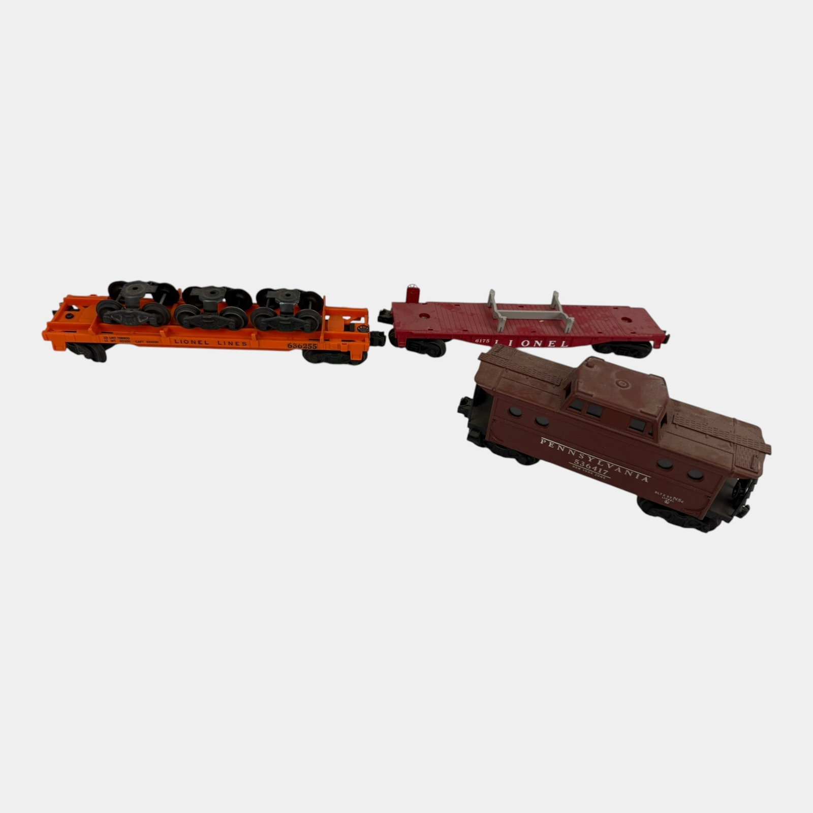Lionel Trains Post War 536417 Pennsylvania Caboose, 636255 Axel Flatbed, 6175 Flatbed Train Cars (1 of 4)
