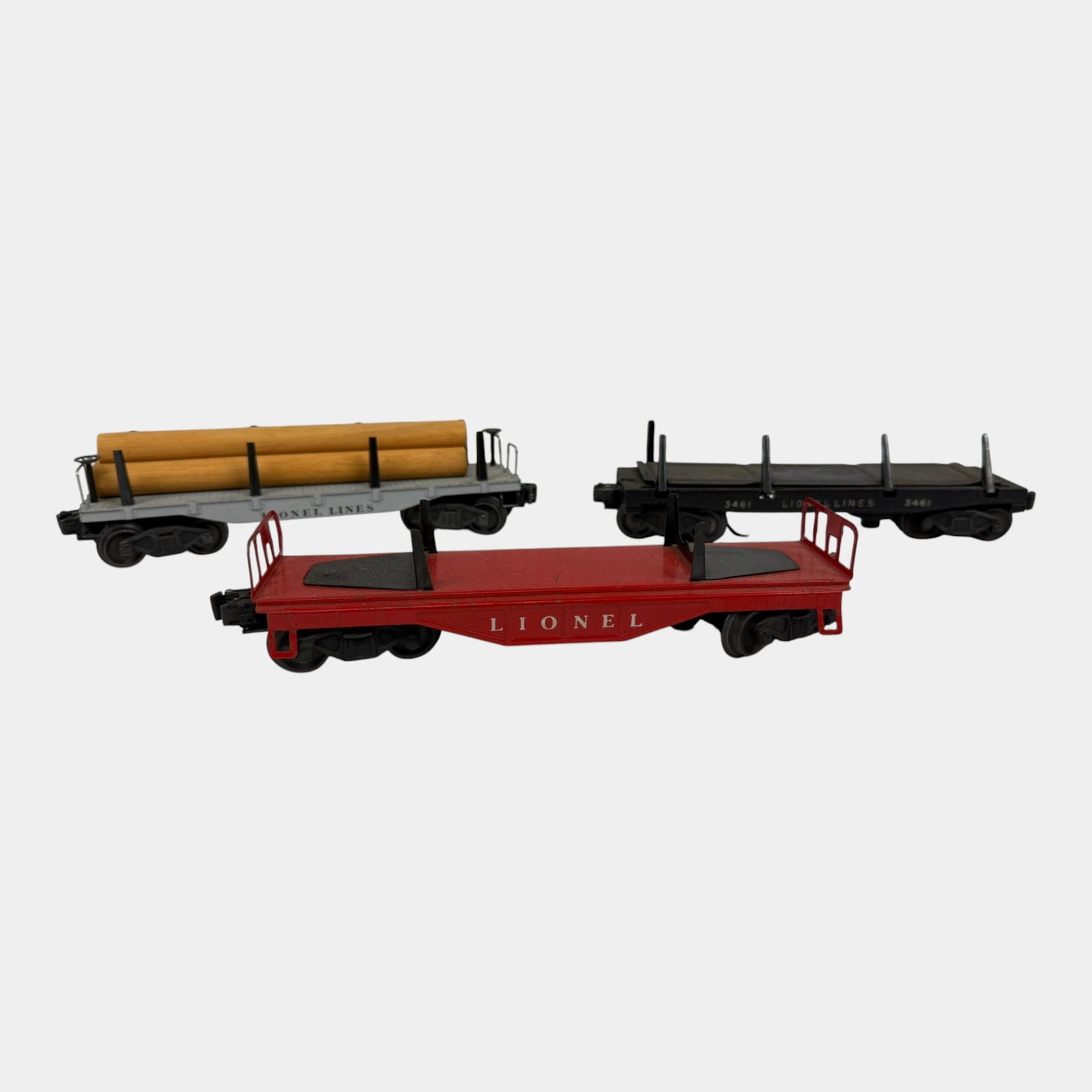 Lionel Trains Post War 3461 Black Lumber Flatbed, 6411 Lumber Flatbed, & Red Flatbed Metal Train (1 of 5)