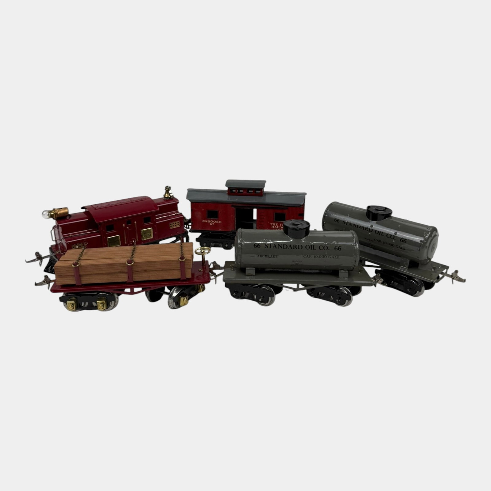 The Ives Railway Lines Pre War Tin Lith 3251 Engine, 67 Caboose, 66 Tankers, & Flatbed Train Set (1 of 6)