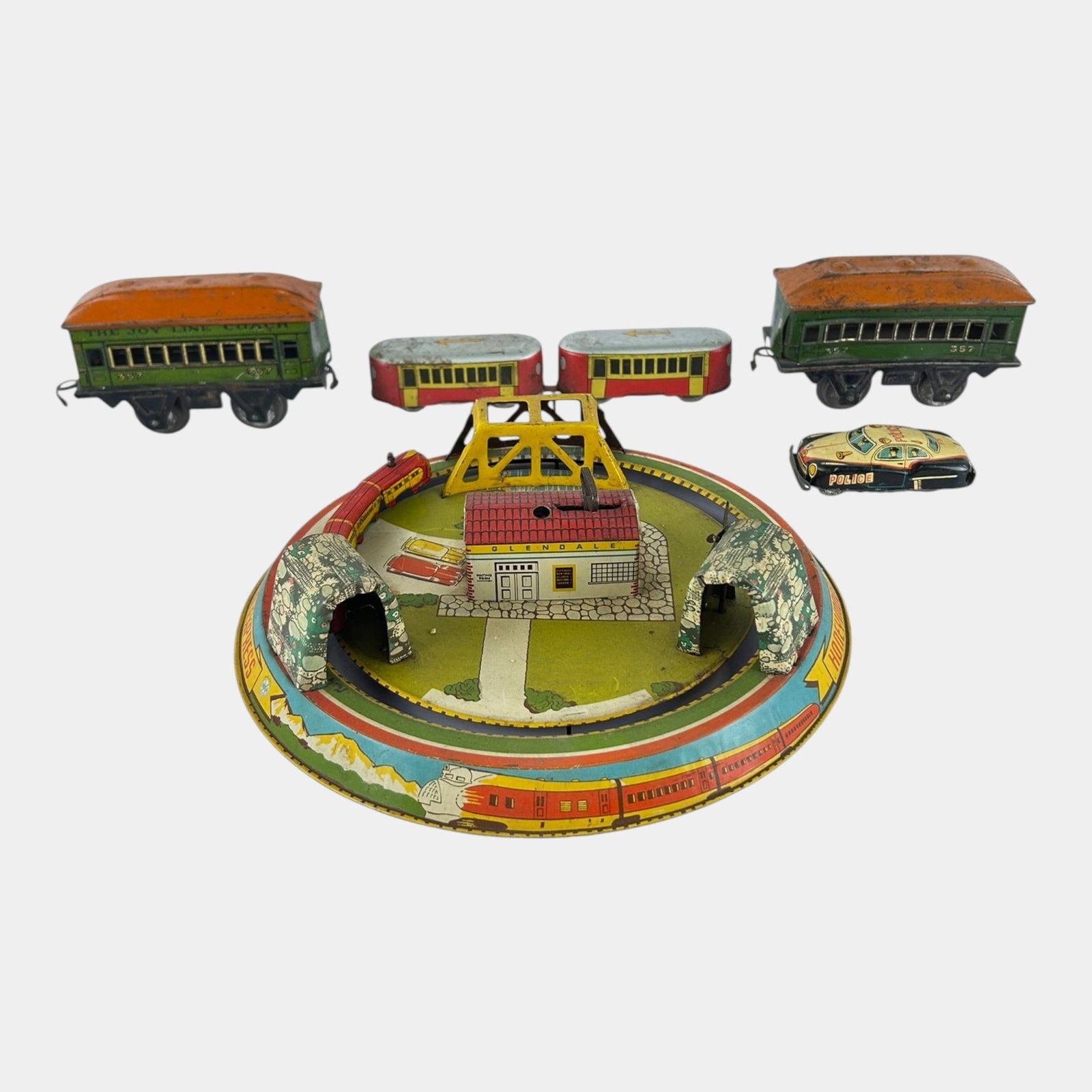 Louis Marx & Co. Honeymoon Express, Joy Line Train, & Modern Toy Police Car Tin Litho Toys (1 of 6)