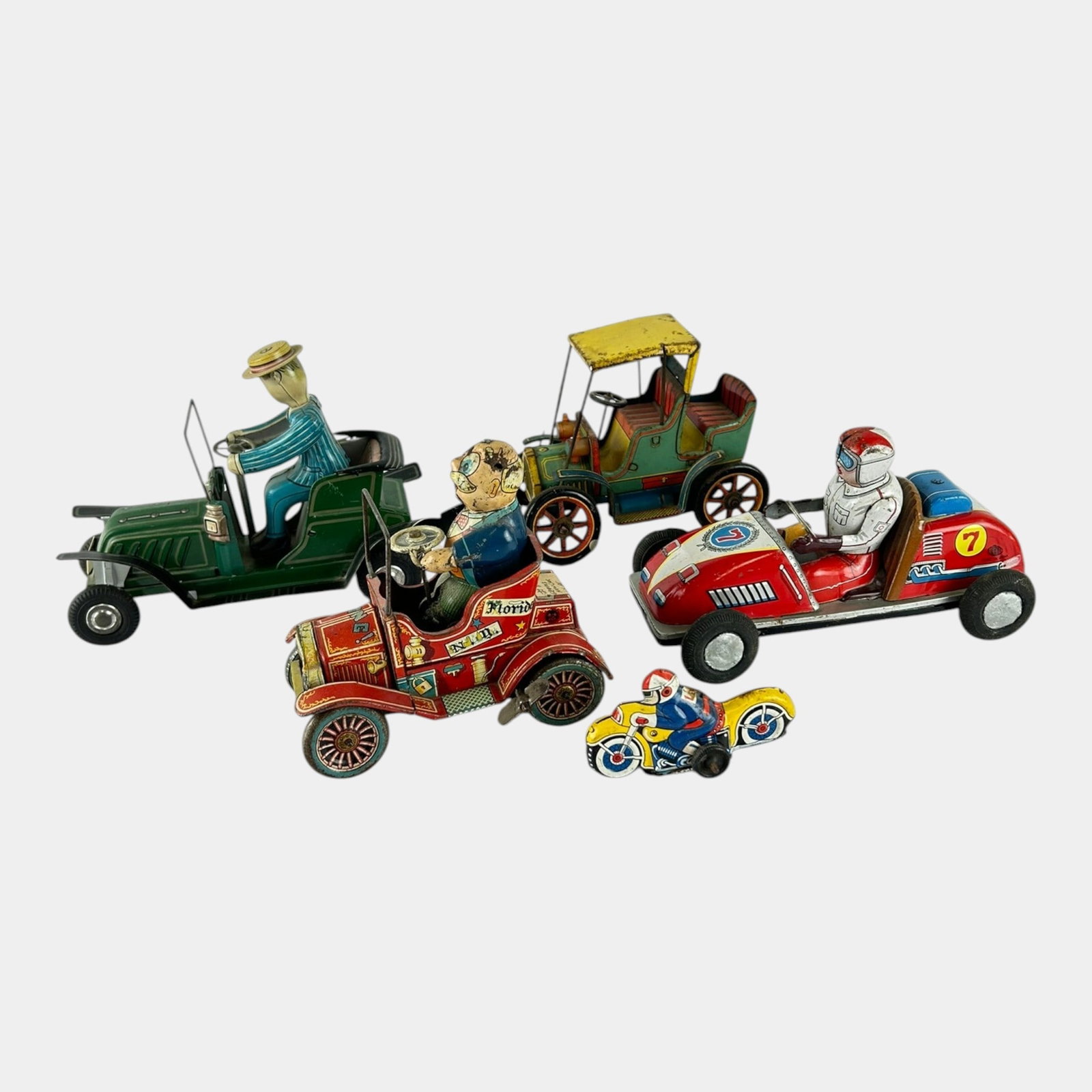Japanese Mid Century Tin Litho Friction Drive Toy Cars And Motorcycles (1 of 6)