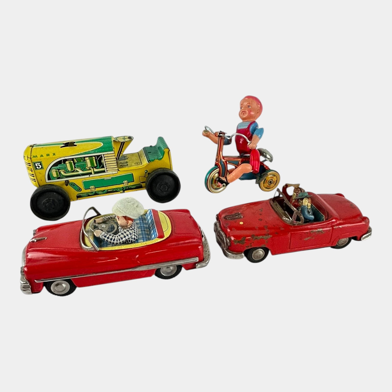 Japanese Mid Century Tin Litho Friction Drive Toy Cars And Child Tricycle (1 of 6)