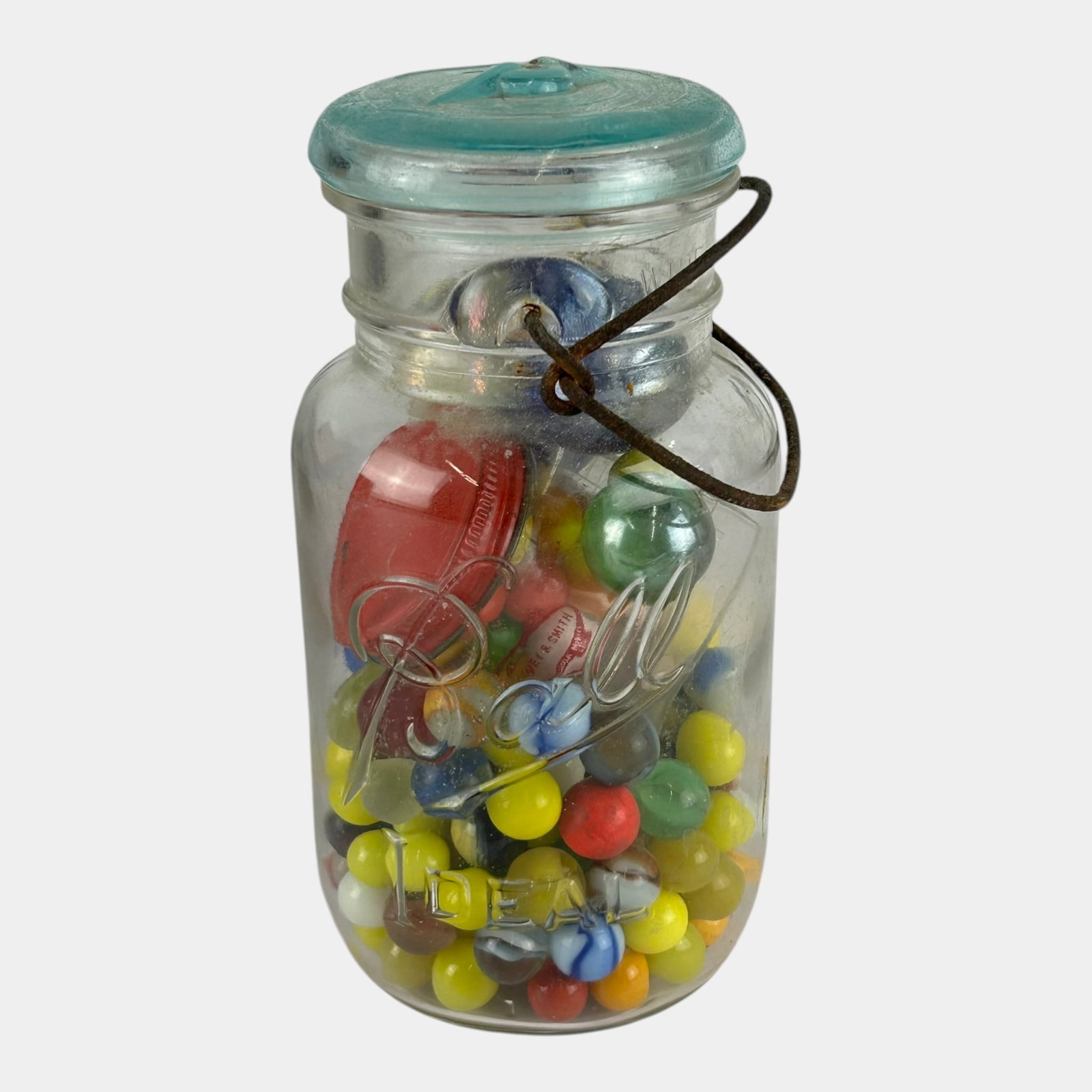 Ball Glass Canning Jar Filled With Colorful Vintage Glass Marbles Metal Lid (1 of 3)