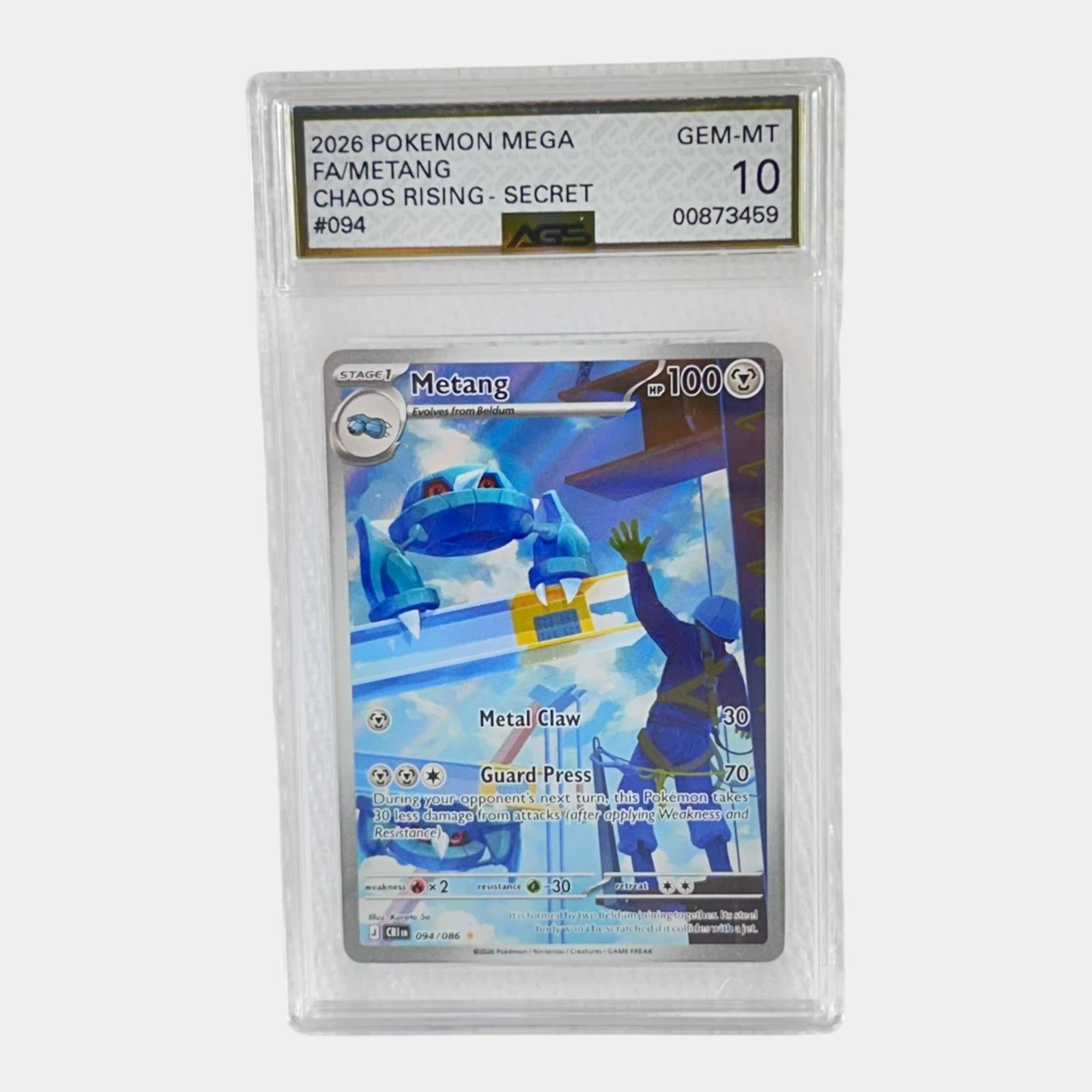 Metang #094 Full Art Secret Rare AGS 10 Gem Mint Mega Evolutions Chaos Rising Graded Pokemon Card: Professional, fast, and affordable in house shipping available for all items. For higher resolution images please visit bid.craftedauctions.com Metang #094 Full Art Secret Rare AGS 10 Gem Mint Mega Ev