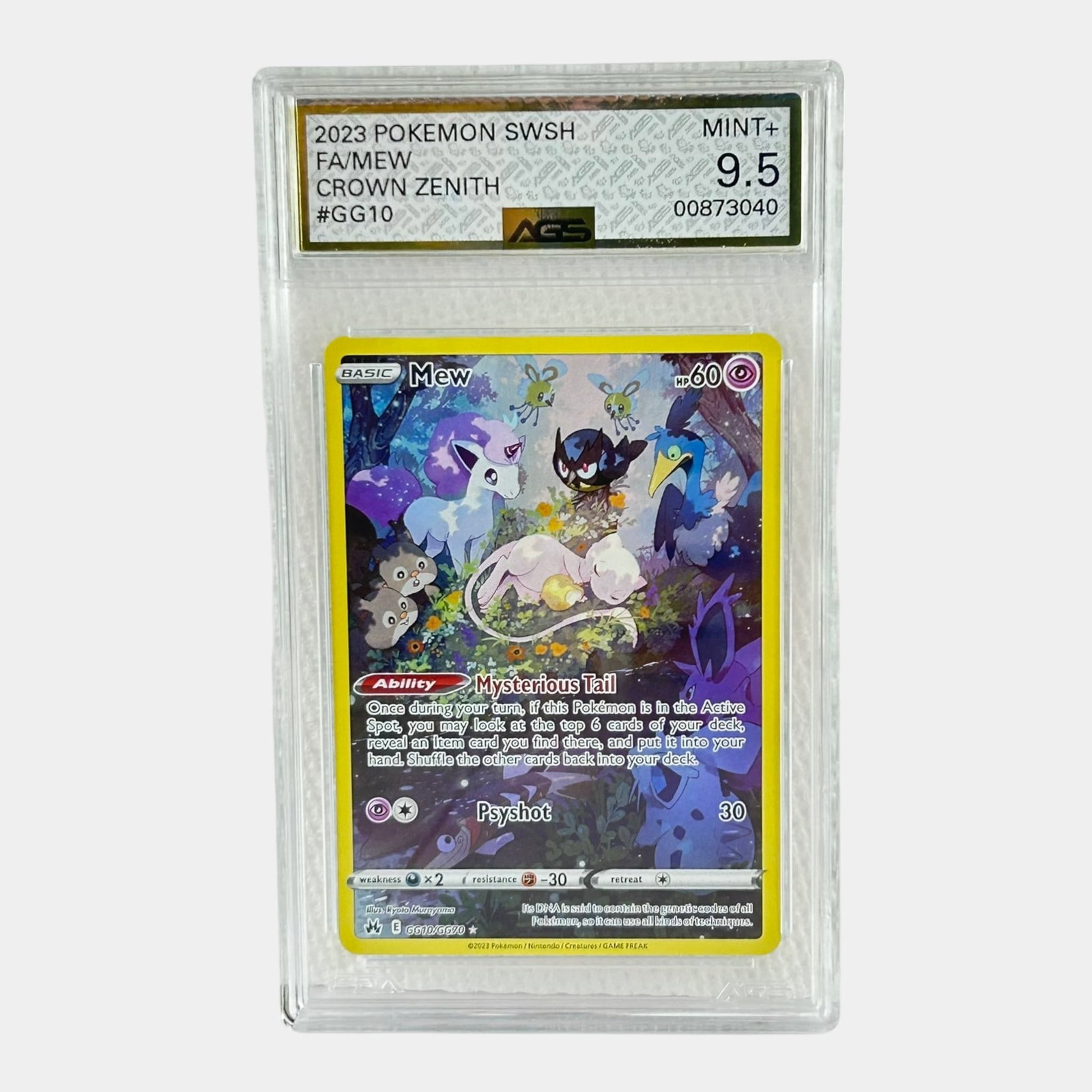 Mew #GG10 AGS 9.5 Mint Sword & Shield Crown Zenith Graded Pokemon Card: Professional, fast, and affordable in house shipping available for all items. For higher resolution images please visit bid.craftedauctions.com Mew #GG10 AGS 9.5 Mint Sword & Shield Crown Zenith Grade