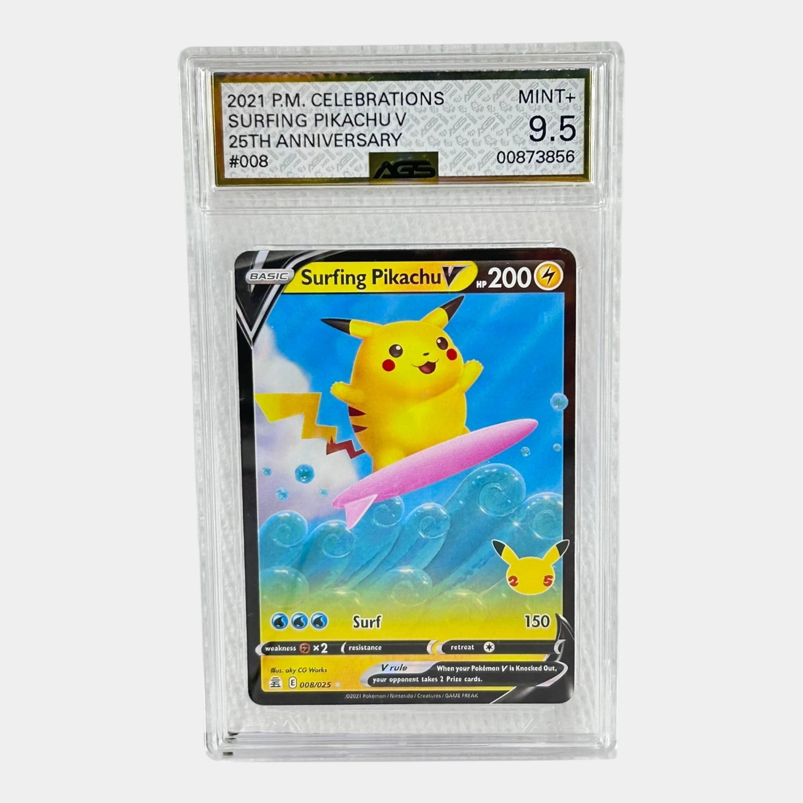 Surfing Pikachu V #8 AGS 9.5 Mint Sword & Shield Celebrations Graded Pokemon Card (1 of 2)