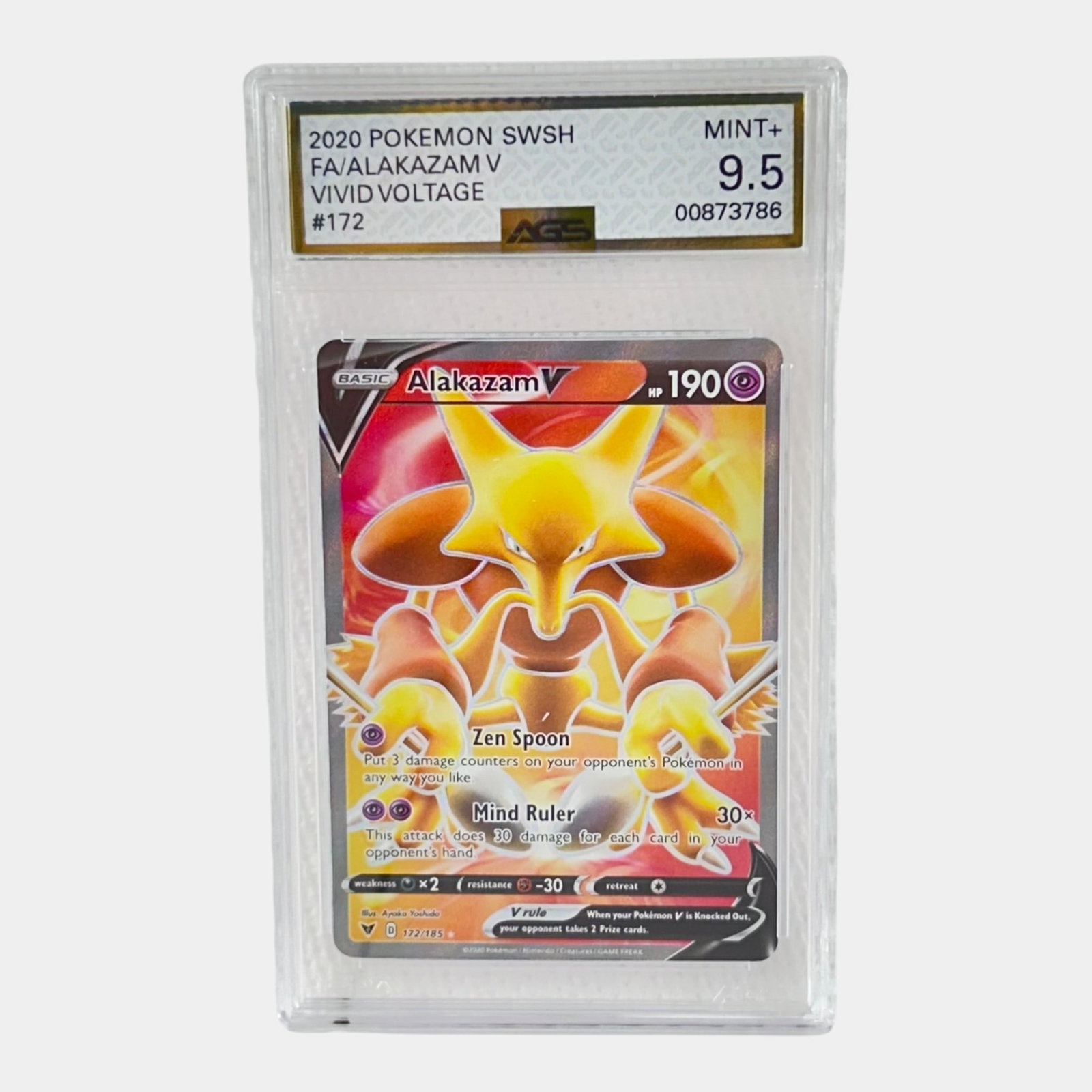 Alakazam V #172 AGS 9.5 Sword & Shield Vivid Voltage Graded Pokemon Card: Professional, fast, and affordable in house shipping available for all items. For higher resolution images please visit bid.craftedauctions.com Alakazam V #172 AGS 9.5 Sword & Shield Vivid Voltage Gra
