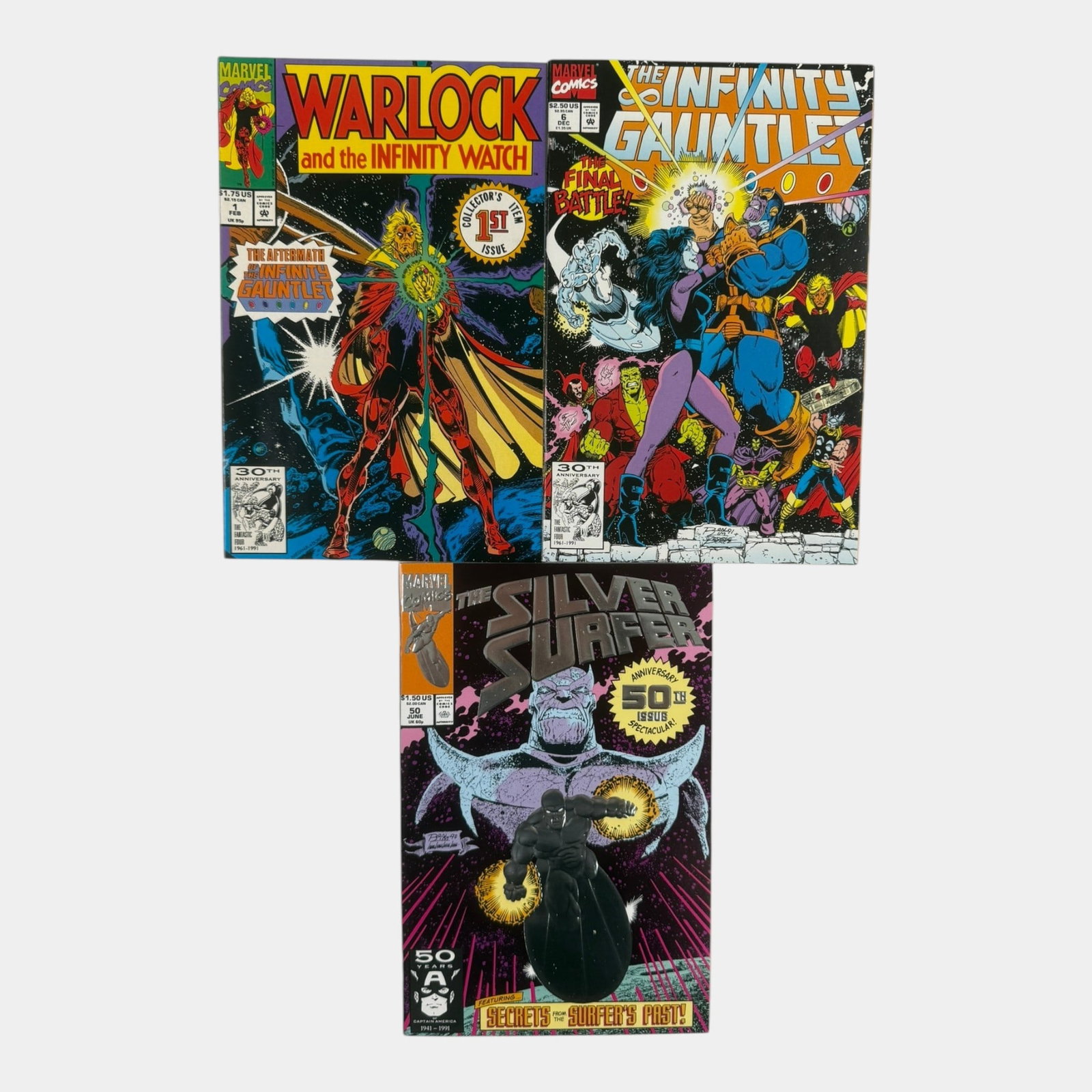 Warlock Infinity Watch #1, Infinity Gauntlet #6, & Silver Surfer #50 High Grade Comic Books Marvel: Professional, fast, and affordable in house shipping available for all items. For higher resolution images please visit bid.craftedauctions.com Warlock Infinity Watch #1, Infinity Gauntlet #6, & Silve