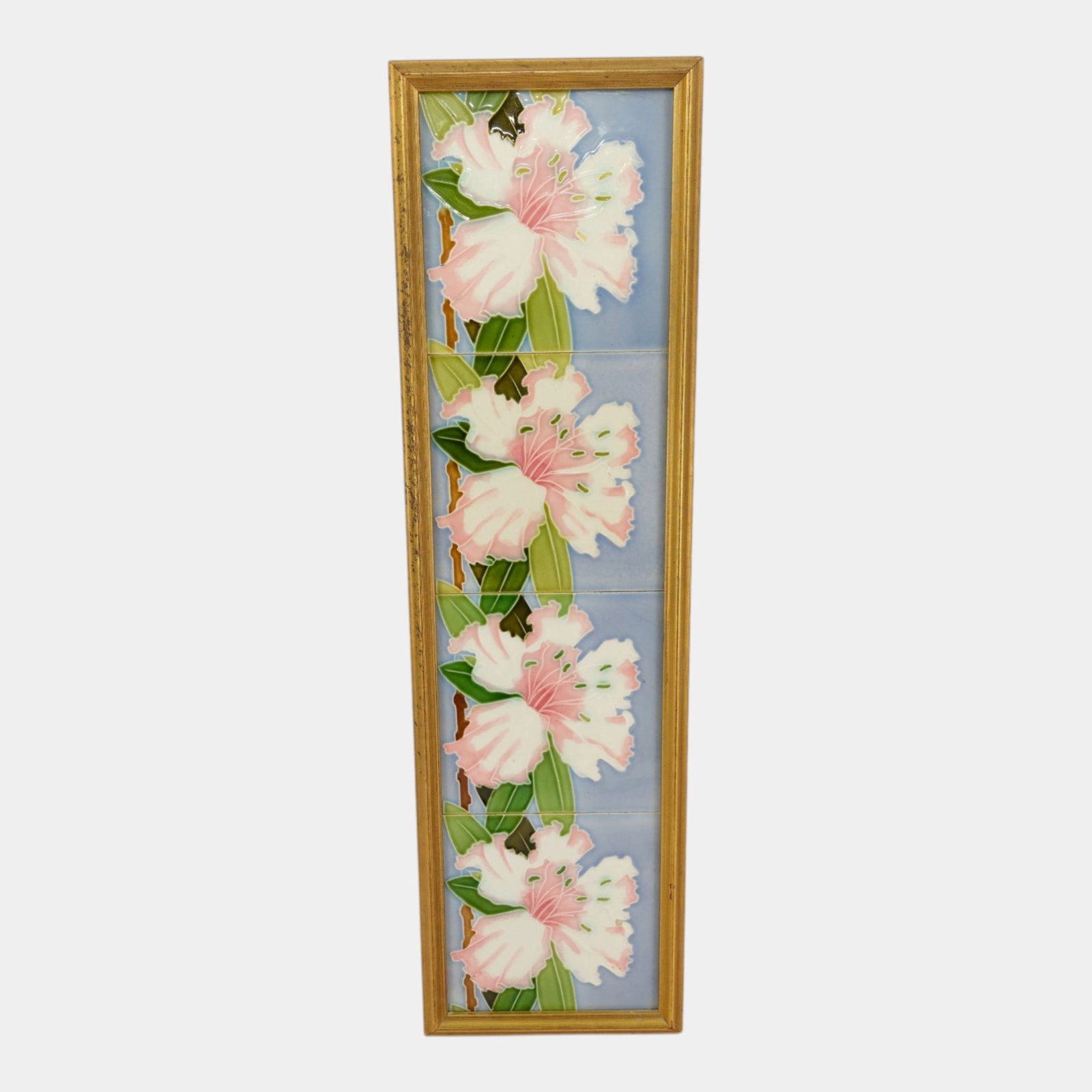 Gilliot & Cie Hemixem Belgium Early 1900s Art Nouveau Rhododendron Four Tile Framed Panel: Professional, fast, and affordable in house shipping available for all items. For higher resolution images please visit bid.craftedauctions.com Gilliot & Cie Hemixem Belgium Early 1900s Art Nouveau Rh