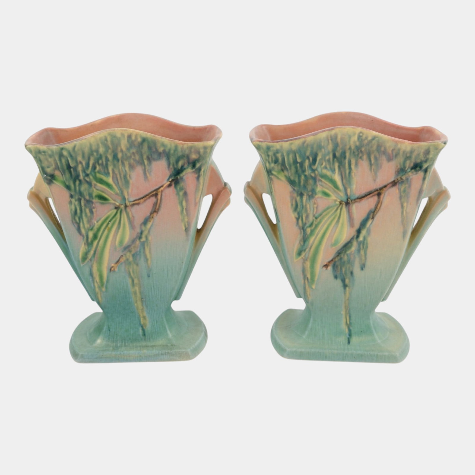 Roseville Moss Tan Green 1936 Vintage Art Deco Pottery Ceramic Handled Fan Vases 778-7: Professional, fast, and affordable in house shipping available for all items. For higher resolution images please visit bid.craftedauctions.com Roseville Moss Tan Green 1936 Vintage Art Deco Pottery C
