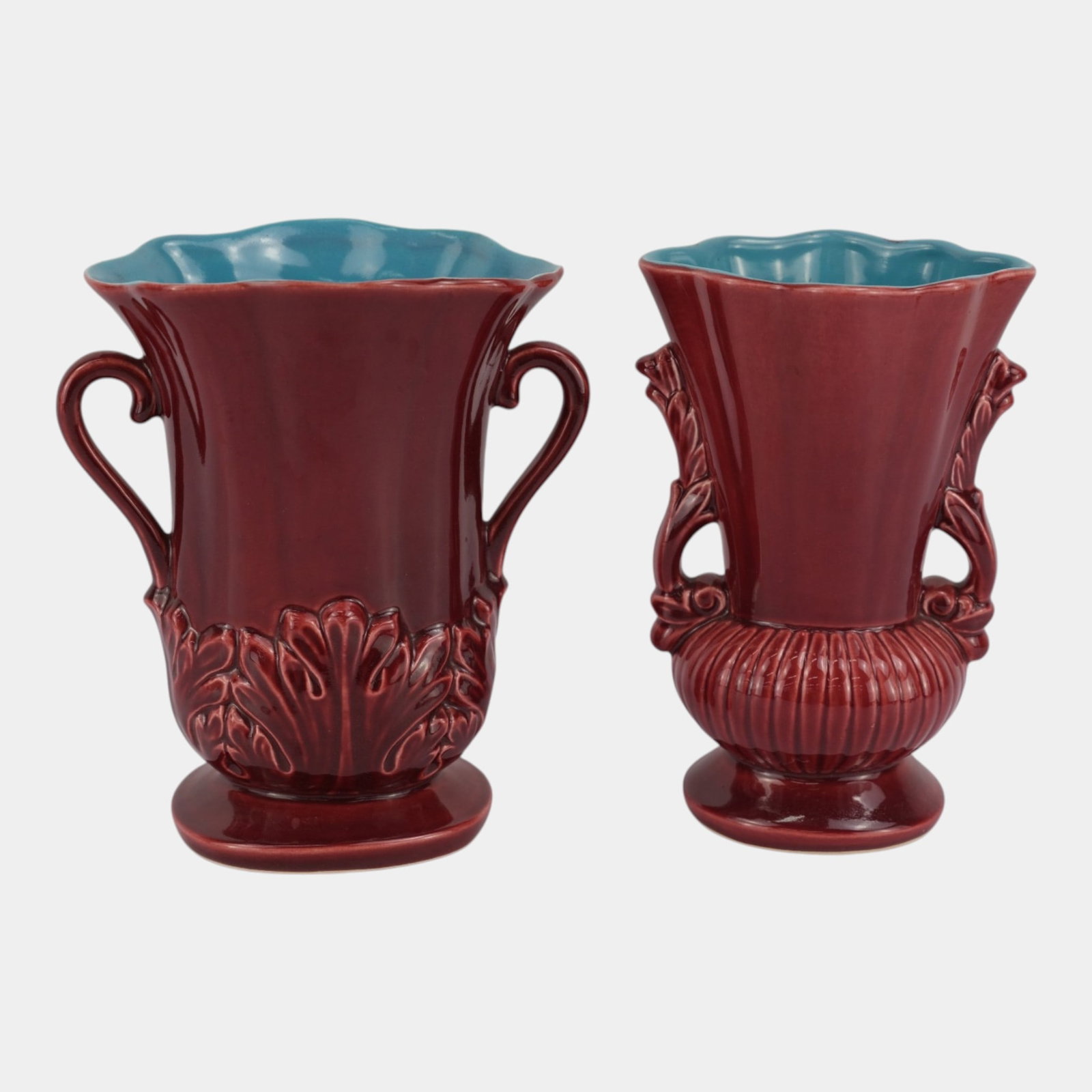 Red Wing Pottery Mid Century Art Deco Deep Red & Blue Interior Handled Vases: Professional, fast, and affordable in house shipping available for all items. For higher resolution images please visit bid.craftedauctions.com Red Wing Pottery Mid Century Art Deco Deep Red & Blue In