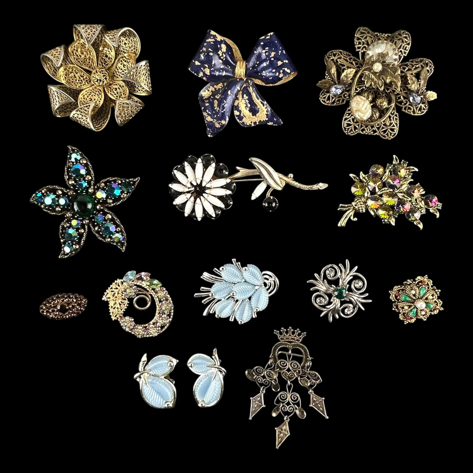 Mid Century Rhinestone Enamel Floral Butterfly Figural Earrings & Brooches: Professional, fast, and affordable in house shipping available for all items. For higher resolution images please visit bid.craftedauctions.com Mid Century Rhinestone Enamel Floral Butterfly Figural E