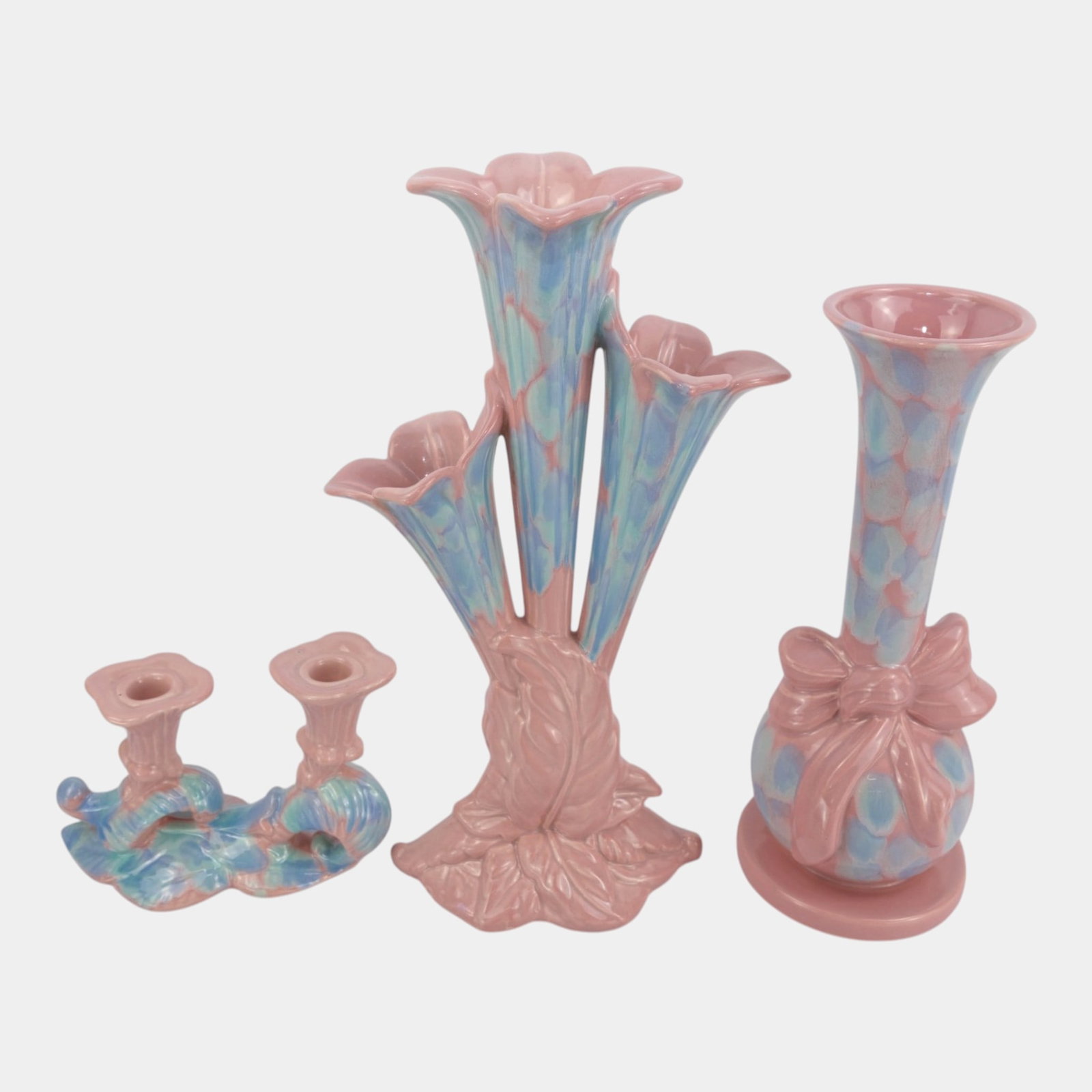 Royal Haeger 1950s Vintage Art Pottery Mottled Pink Blue Trumpet Vases And Candle Holders: Professional, fast, and affordable in house shipping available for all items. For higher resolution images please visit bid.craftedauctions.com Royal Haeger 1950s Vintage Art Pottery Mottled Pink Blue