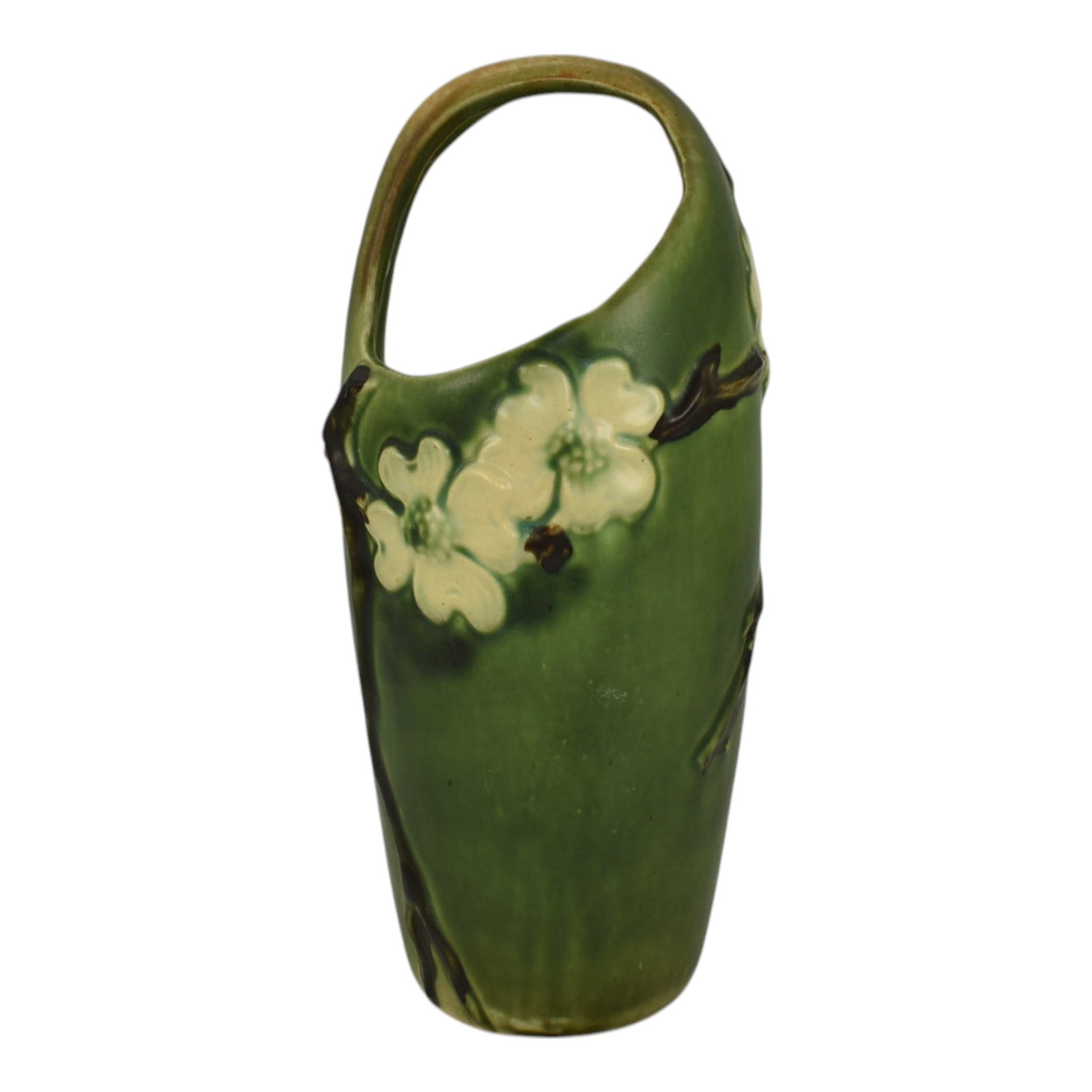 Roseville Dogwood Smooth Green 1920 Vintage Art Pottery Tall Ceramic Basket: Professional, fast, and affordable in house shipping available for all items. For higher resolution images please visit bid.craftedauctions.com Roseville Dogwood Smooth Green 1920 Vintage Art Pottery 