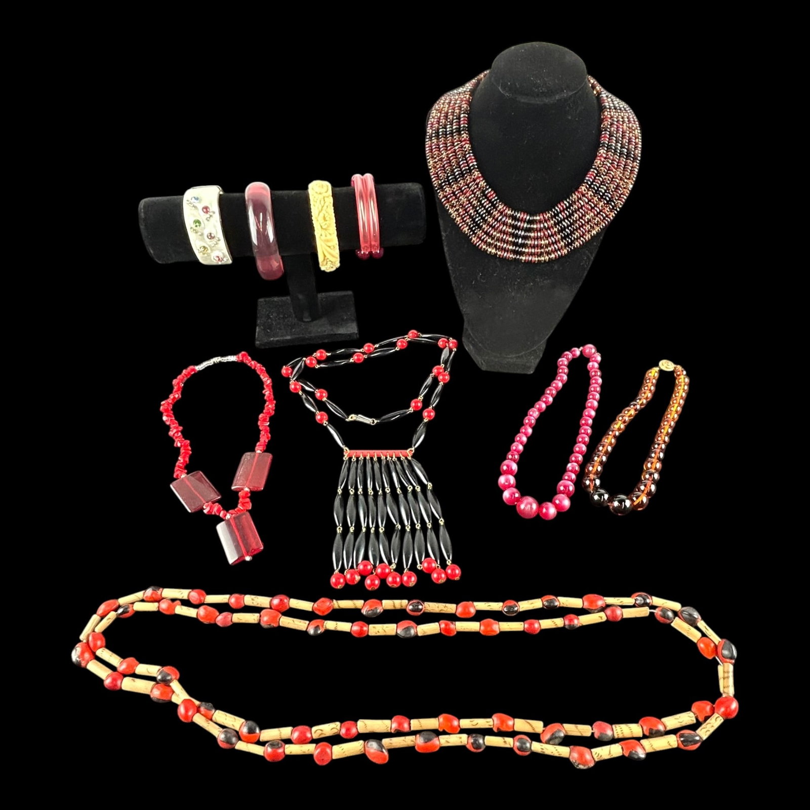Mid Century Red Black Beaded Multi Strand Necklaces Bracelets Costume Jewelry: Professional, fast, and affordable in house shipping available for all items. For higher resolution images please visit bid.craftedauctions.com Mid Century Red Black Beaded Multi Strand Necklaces Brac