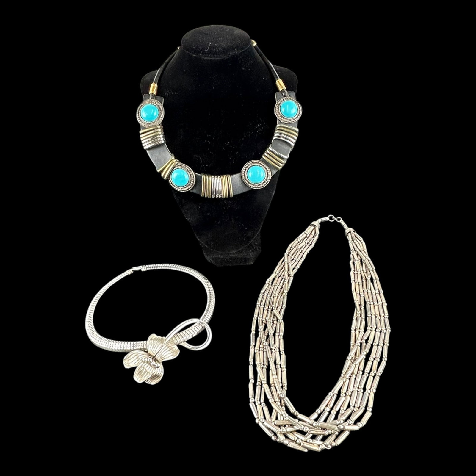 Southwestern Style Turquoise Silver Tone Multi Strand Beaded Costume Jewlery Necklaces: Professional, fast, and affordable in house shipping available for all items. For higher resolution images please visit bid.craftedauctions.com Southwestern Style Turquoise Silver Tone Multi Strand Be