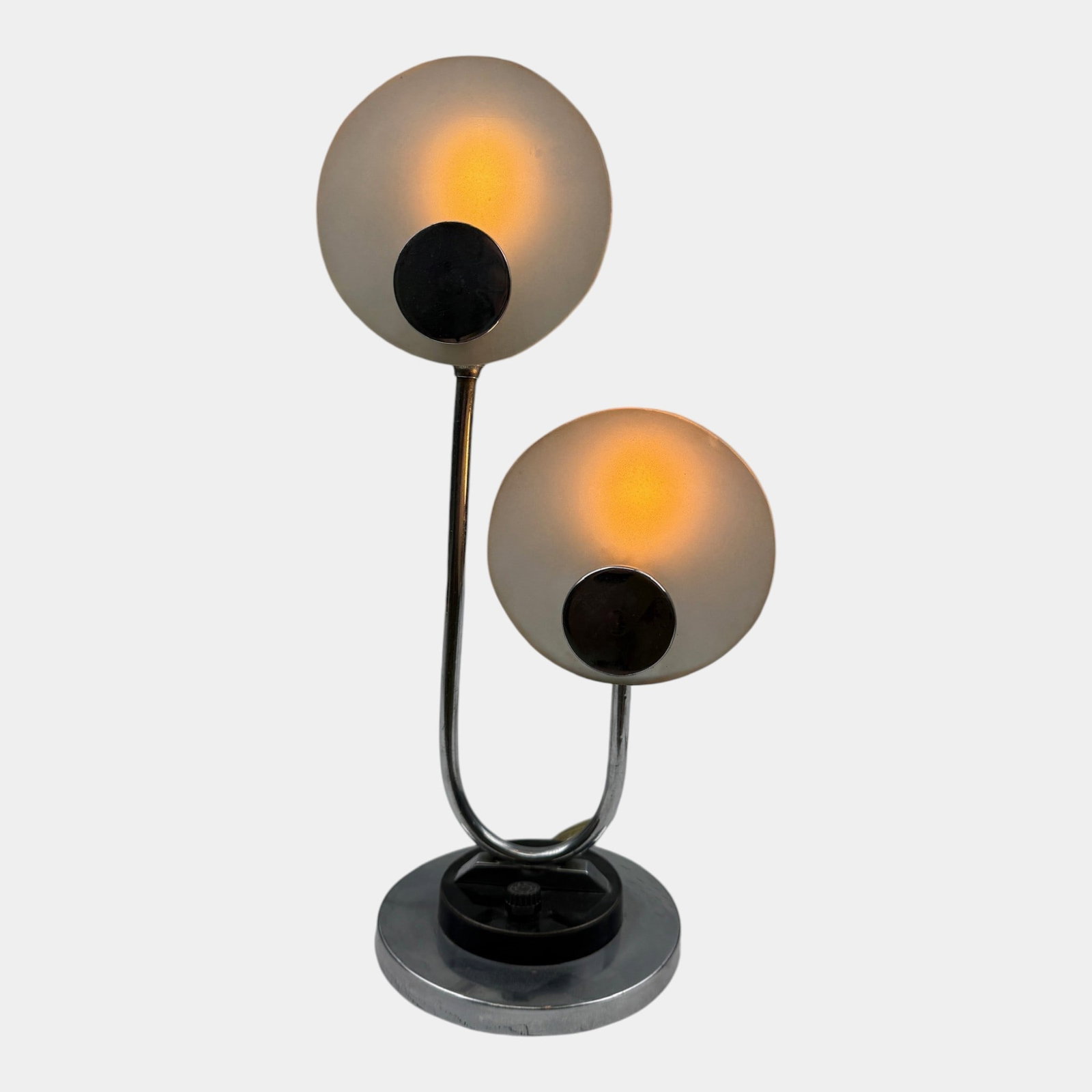 Art Deco Chrome Double Light Frosted Glass Disc Shades Modernist Table Lamp: Professional, fast, and affordable in house shipping available for all items. For higher resolution images please visit bid.craftedauctions.com Art Deco Chrome Double Light Frosted Glass Disc Shades M