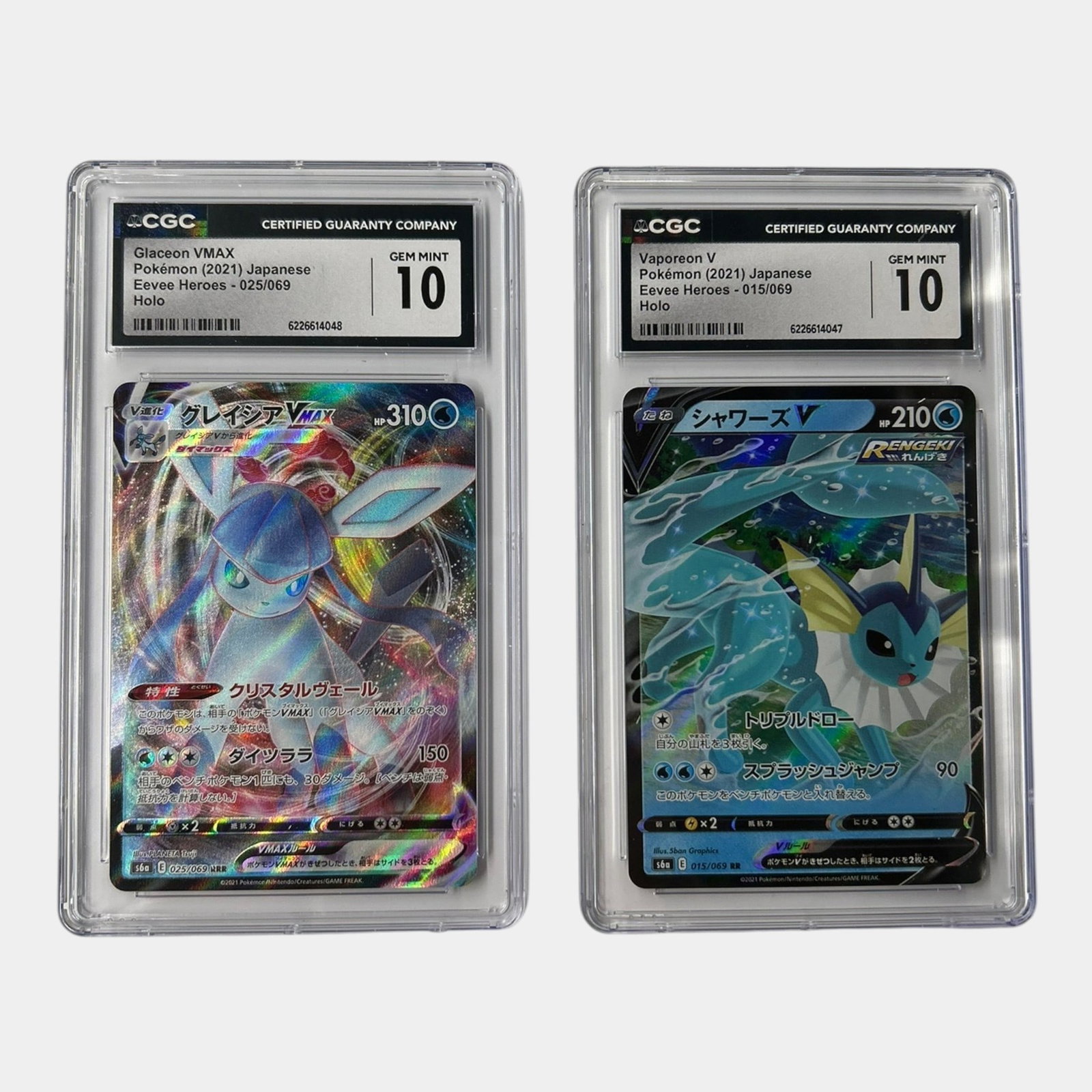 2021 Glaceon VMAX & Vaporeon V CGC 10 Eevee Heroes Holo Japanese Graded Pokemon Cards Lot of 2: Professional, fast, and affordable in house shipping available for all items. For higher resolution images please visit bid.craftedauctions.com 2021 Glaceon VMAX & Vaporeon V CGC 10 Eevee Heroes Holo 