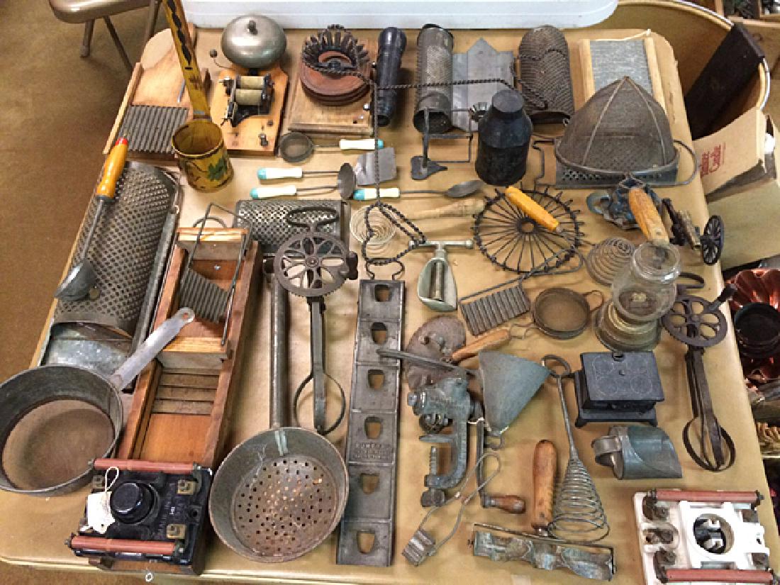 Country Primitives: Country Primitives lot includes graters, strainers, mixers, vintage circuit breakers, kitchen utensils, oil lamp, alarm bell, etc., nice collection of country primitives right off the farm!