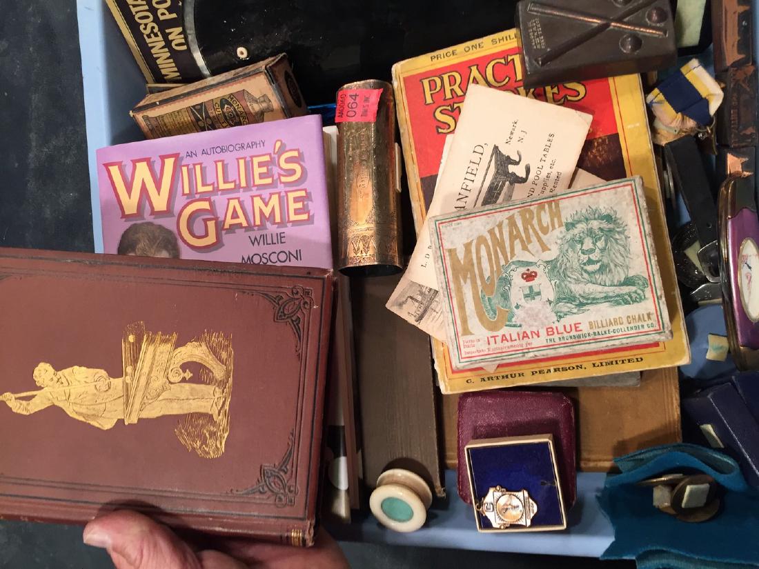 Collection of Pool related Items: Collection of various vintage pool items including books, pins, cue ends and more