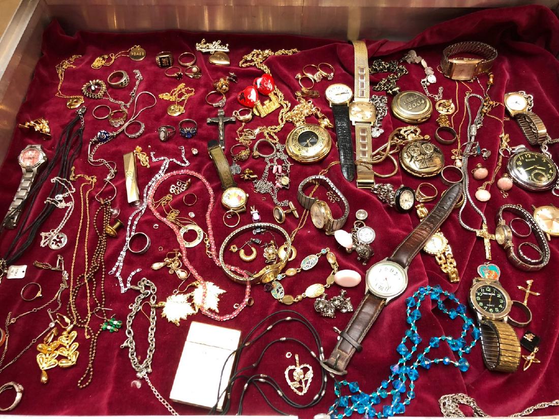 Estate Jewelry Lot: Estate jewelry collection including 10k 14k ruby, sterling silver, watches