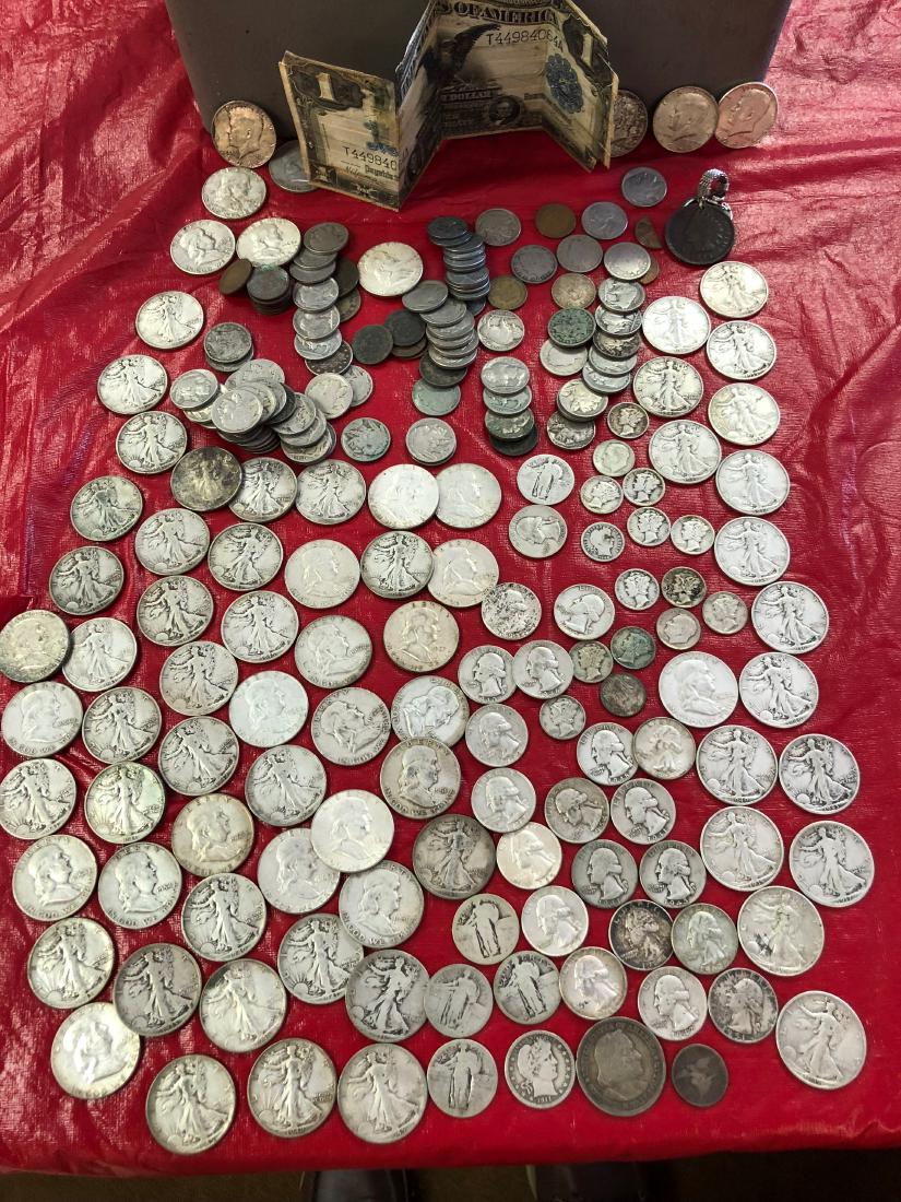 Estate Silver Coin Collection In Strongbox: Includes: 46 Walking Liberty Half Dollars, 25 Franklin Halfs, 4 Kennedy Halfs, Silver Quarter, Mercury head dimes, Buffalo 5 cent, 1899 Bank Note, 1 Barber Quarter, 5 Liberty Quarters, 20 Washington Q