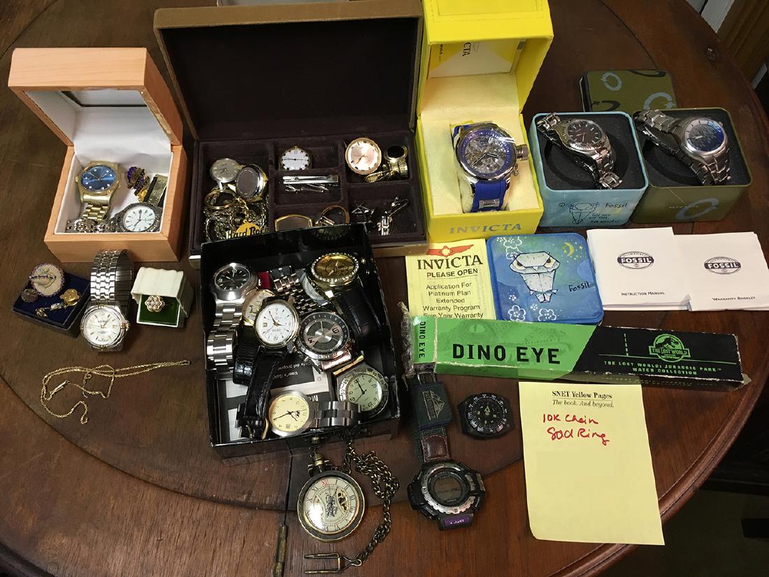 Collection of Estate Watches: Collection of estate watches including Fossil, Invicta, Jurassic Park, Joseph Bernard, Casio, Nivada, 10kt gold ring and chain, pins, tie clips, etc. All being sold as found!