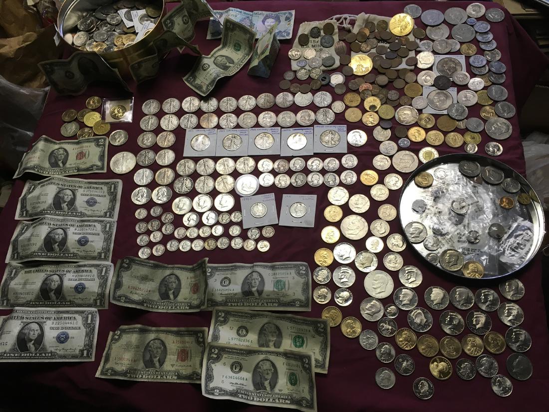 Estate Coins and Paper Money: Estate silver, copper, clad coins including Walking Liberty Silver half dollars, Mercury Dimes, Indian Head wheat back pennies, one ounce 2005 Silver Eagle, over 30 dollars face in silver, includng cl