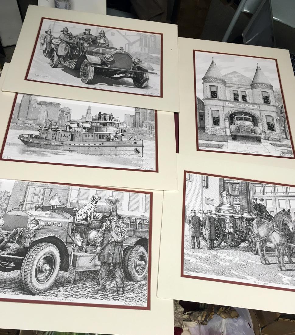 Fireman Pen and Inks, Signed and Numbered: Set of Firemen Pen and Ink Prints by Michael S. Smith, all signed, numbered and matted. "Engine House #26", Where's the Fire", "Fire Wagon", Fireman's Friend", all measure 14 " x 18".