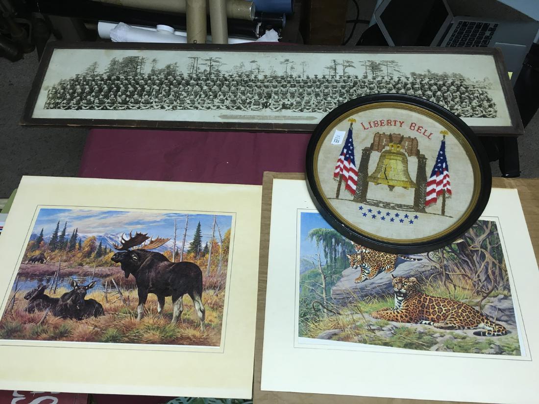 Estate Artwork: Estate artwork includes vintage framed photograph of Company B - 27th Engineers, Camp Meade, MD., 2 prints, Leopards and Moose, and vintage Liberty Bell Needle Point round sampler.